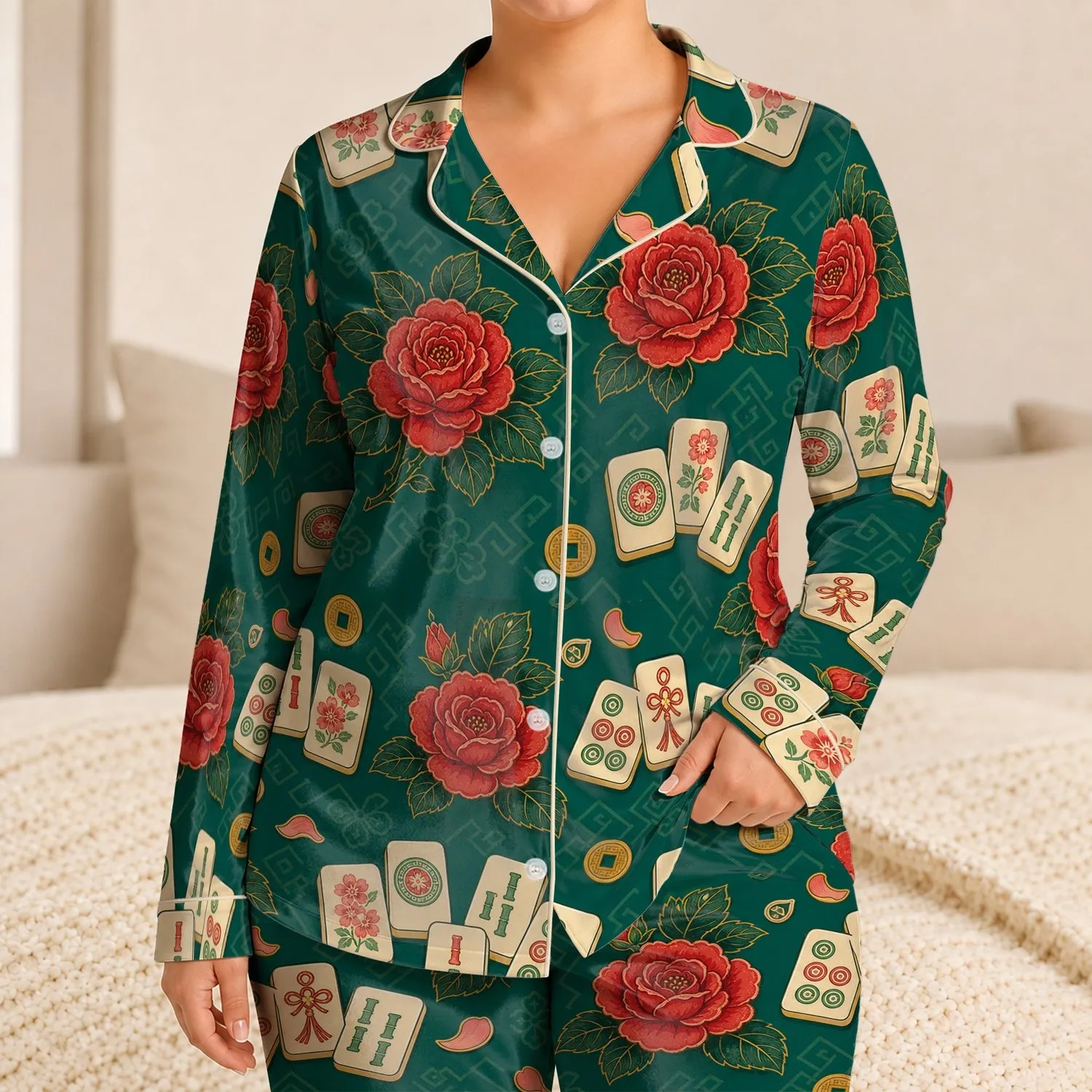 Vintage Mahjong Roses Chinese-Inspired Lounge Gift for Women, Ivory Tile Motif Set Satin Pajamas Set - 1
