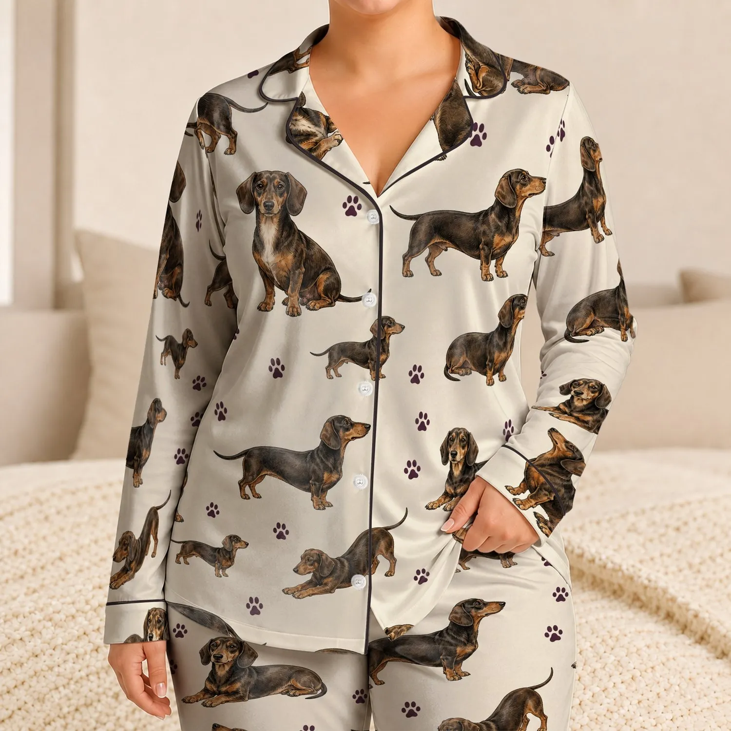 Cute Chocolate Dachshund Dogs for Cozy Lounging, Summer Travel, and Dog Lover Gifts Satin Pajamas Set - 1