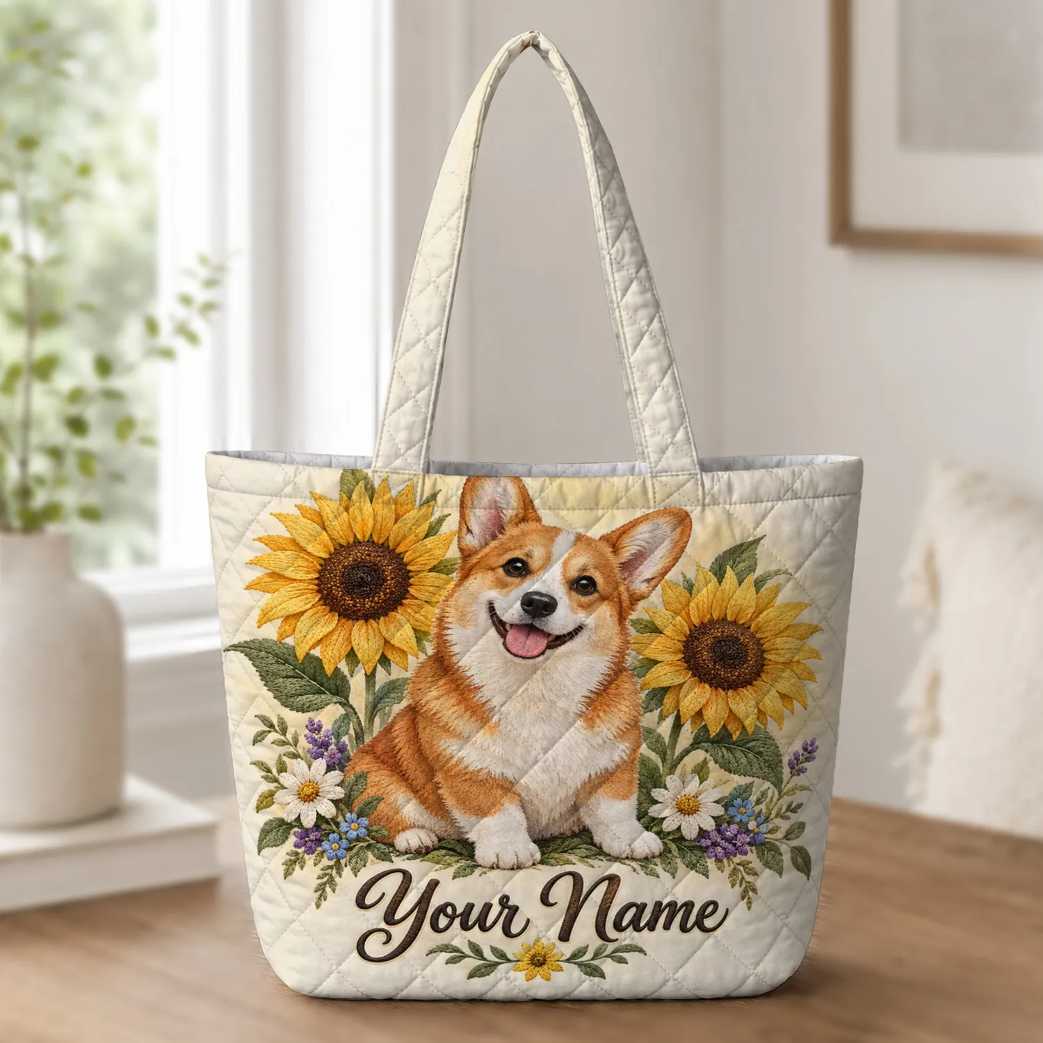 Corgi with Golden Sunflowers for Garden Days, Dog Mom Gifts and Happy Nature Lovers Quilted Tote Bag - 1