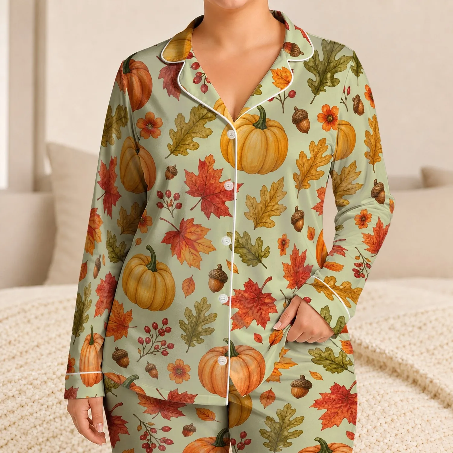 Autumn Pumpkins Maple Leaves Acorns for Cozy Fall Lounging and Holiday Gifting Women Satin Pajamas Set - 1