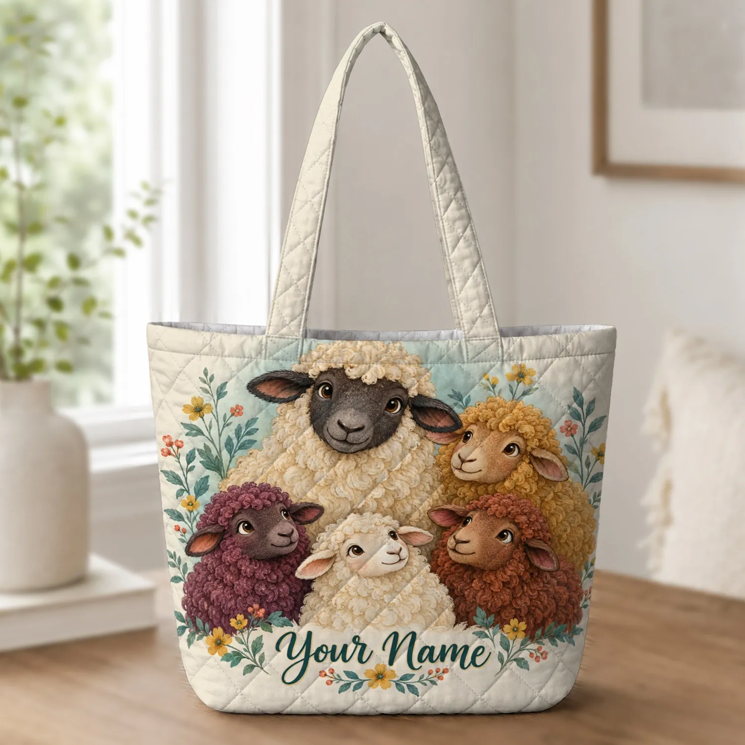 Colorful Sheep and Garden Blooms for Country Days and Farmhouse Gift Giving Quilted Tote Bag - 1