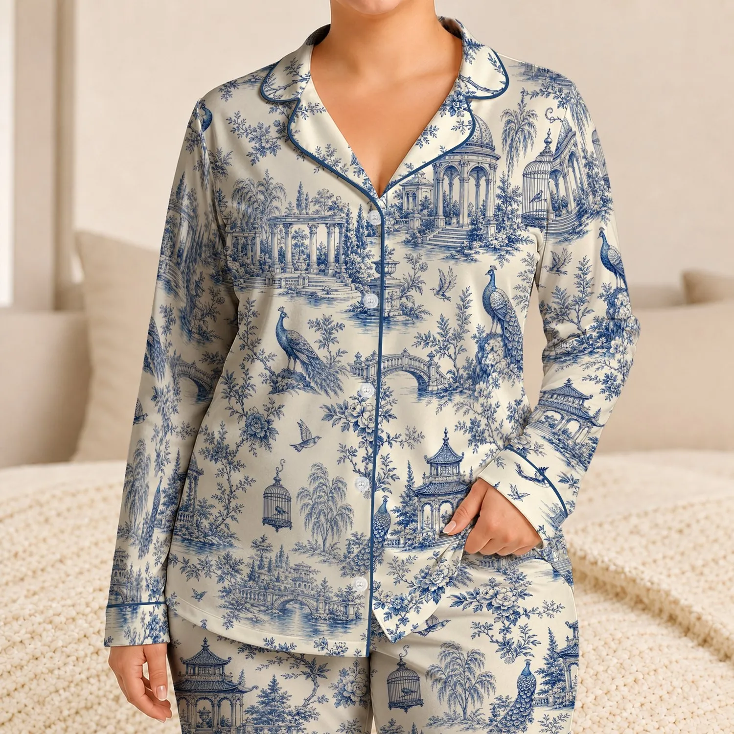 French Chinoiserie Blue Gazebo Garden Toile for Relaxed Lounging and Holiday Gifting Satin Pajamas Set - 1