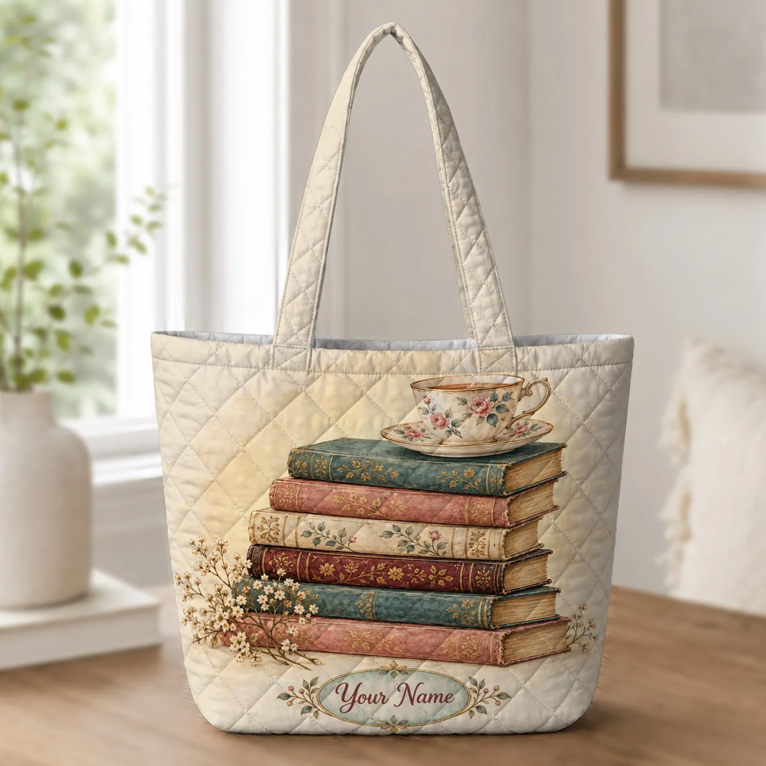 Vintage Books and Floral Teacup for Cozy Reading Days and Book Lovers Quilted Tote Bag - 1