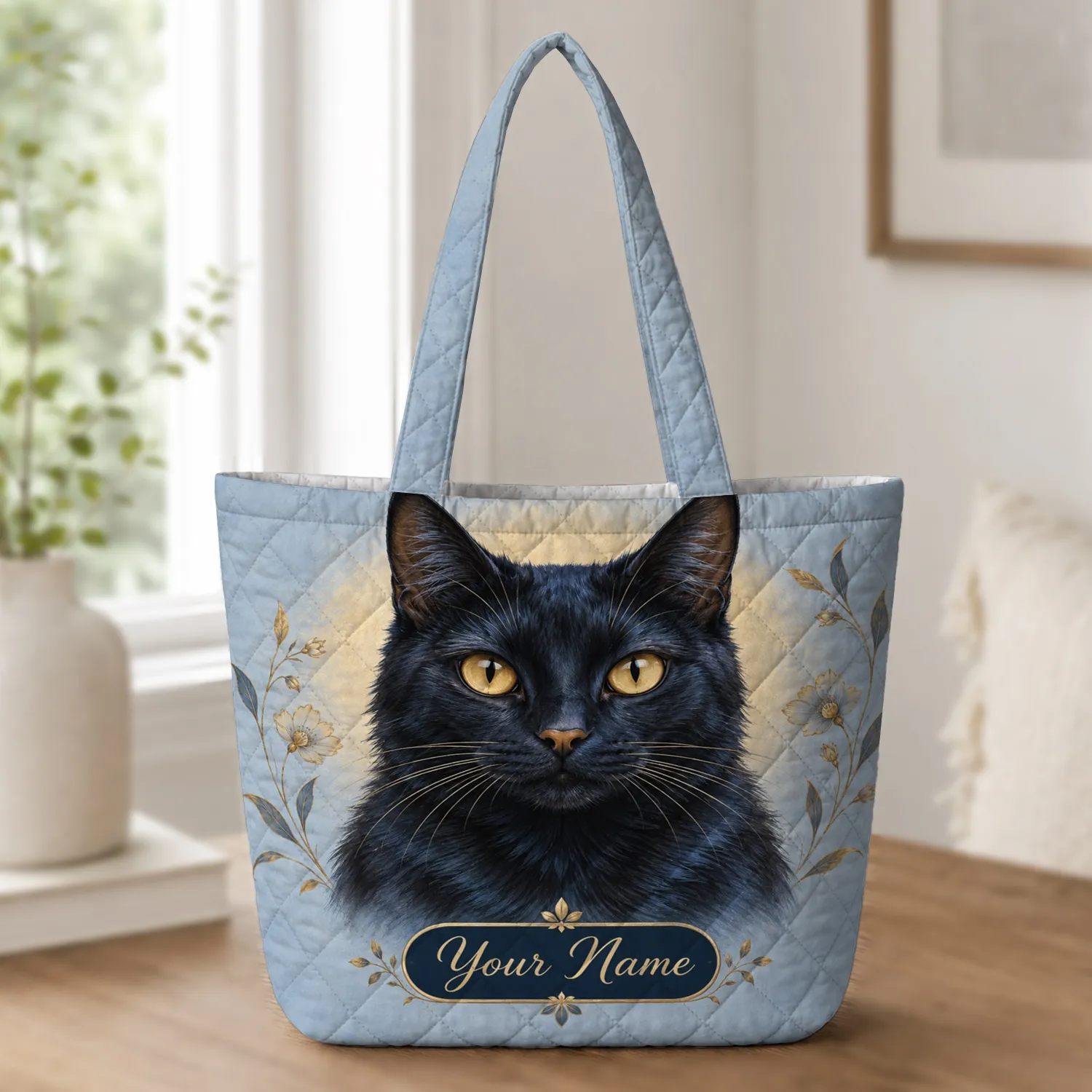 Midnight Black Cat With Golden Eyes For Cozy Cat Lover Gifts And Feline Fans At Home Quilted Tote Bag - 1