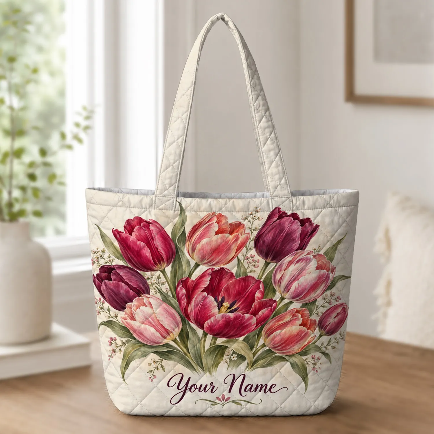 Colorful Tulip Garden Blooms for Spring Outings and Thoughtful Gifts for Her Quilted Tote Bag - 1