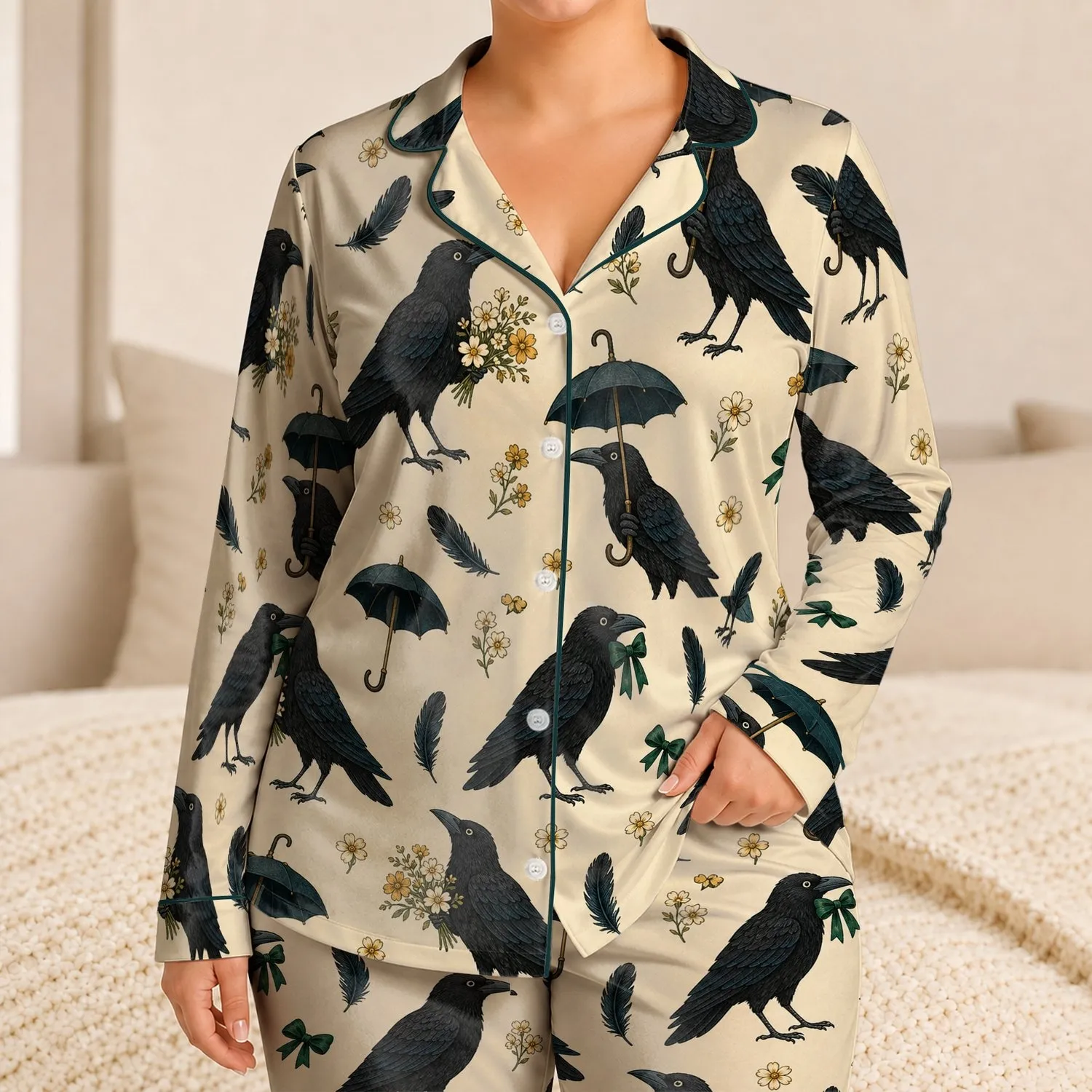 Elegant Raven Umbrella Floral Night Scene for Cozy Bedtime Lounging, Women's Gift Idea Satin Pajamas Set - 1