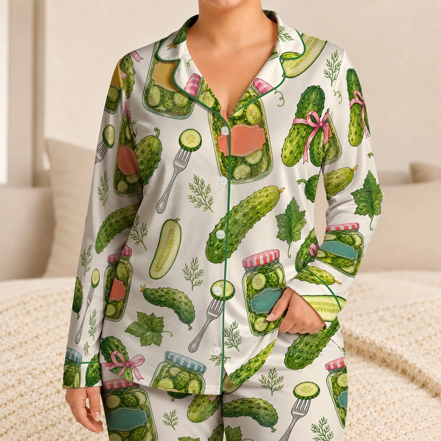 Pickle Jar Cucumber Kitchen Motifs for Cozy Lounge Nights and Playful Gift Giving Satin Pajamas Set - 1
