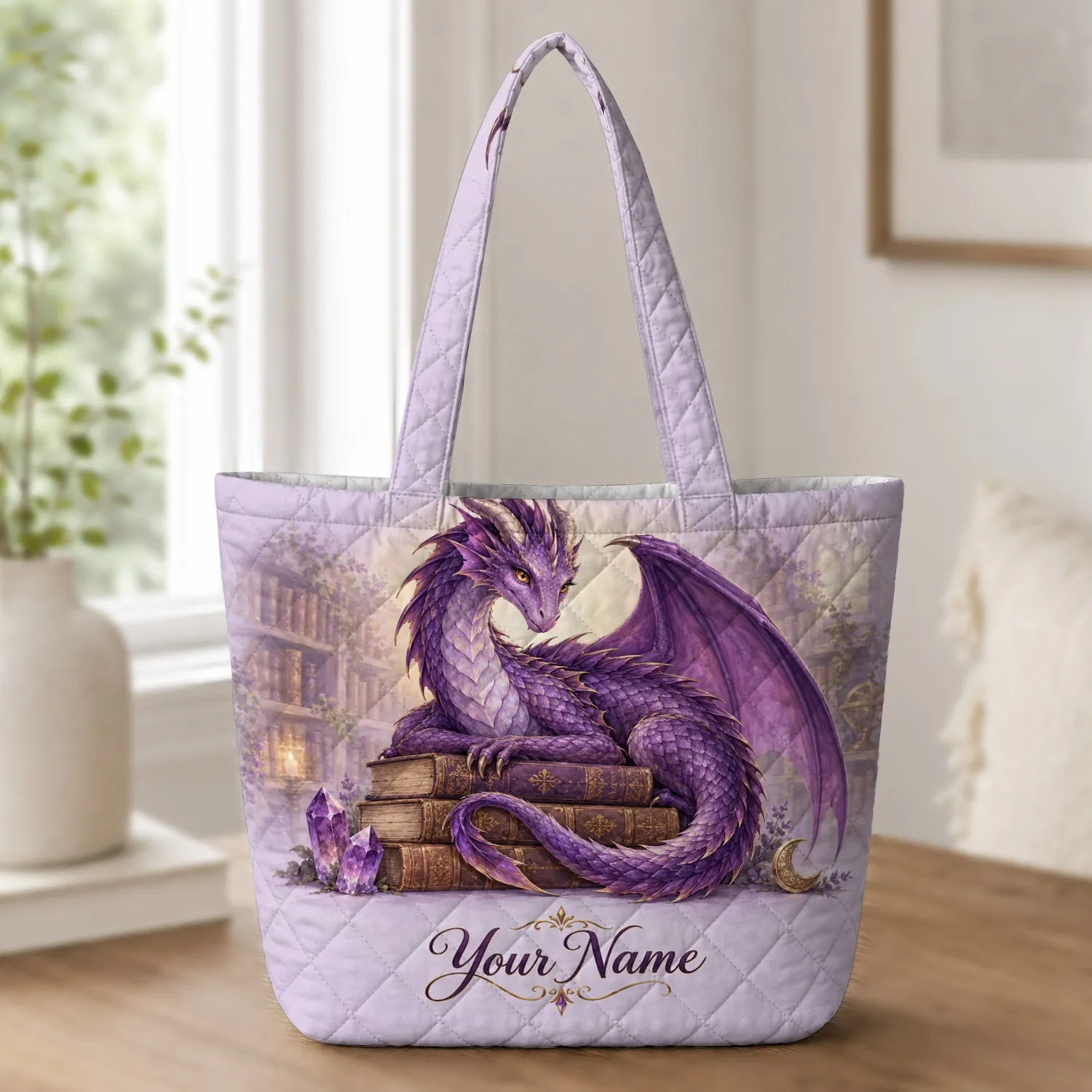 Purple Dragon And Antique Books For Fantasy Reading Days And Gothic Library Lovers Quilted Tote Bag - 1