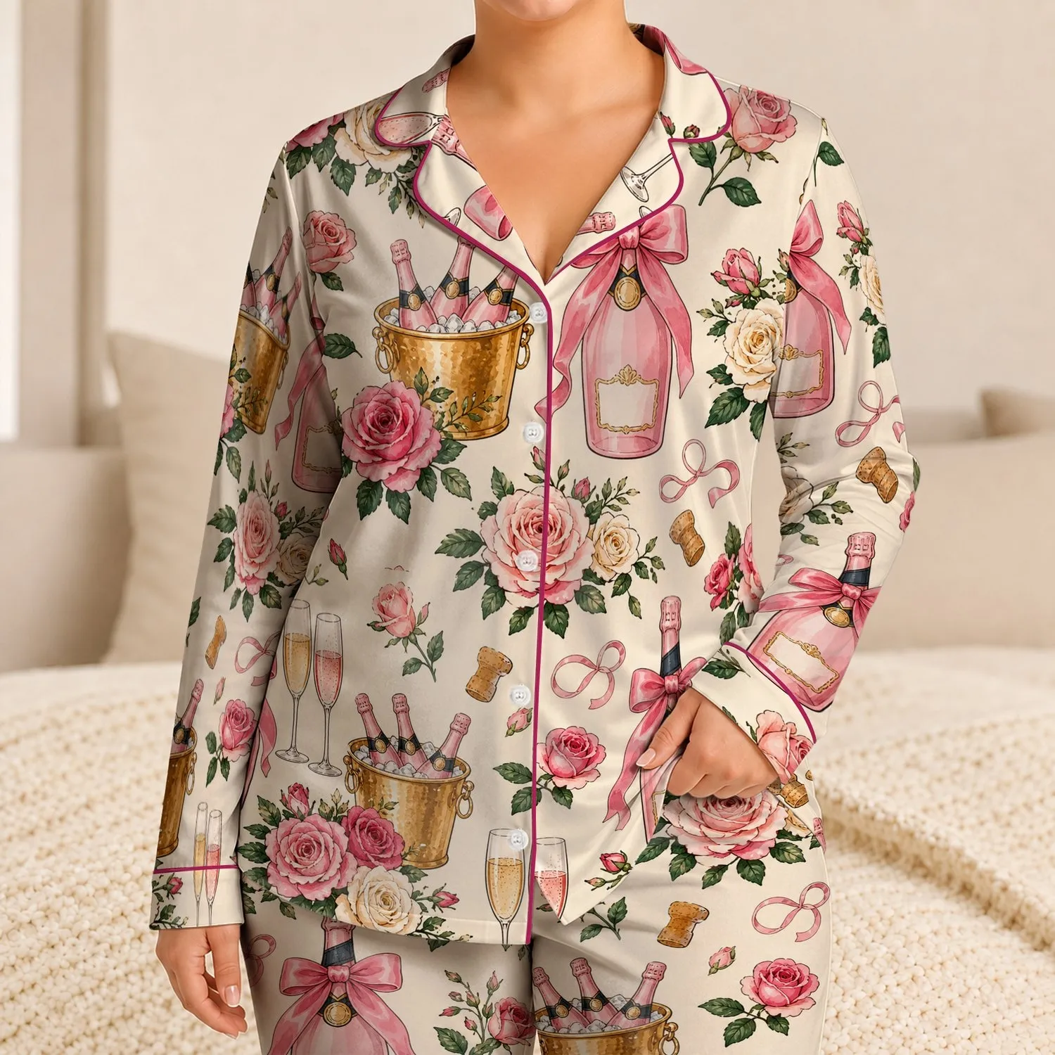 Pink Champagne Bows And Roses For Celebrations, Bridal Parties, And Elegant Lounging Satin Pajamas Set - 1