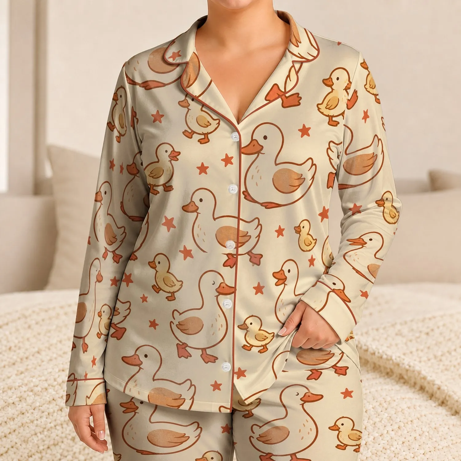 Rust Orange Duck And Star Motif For Cozy Evenings At Home, Lounge Style Women Satin Pajamas Set - 1