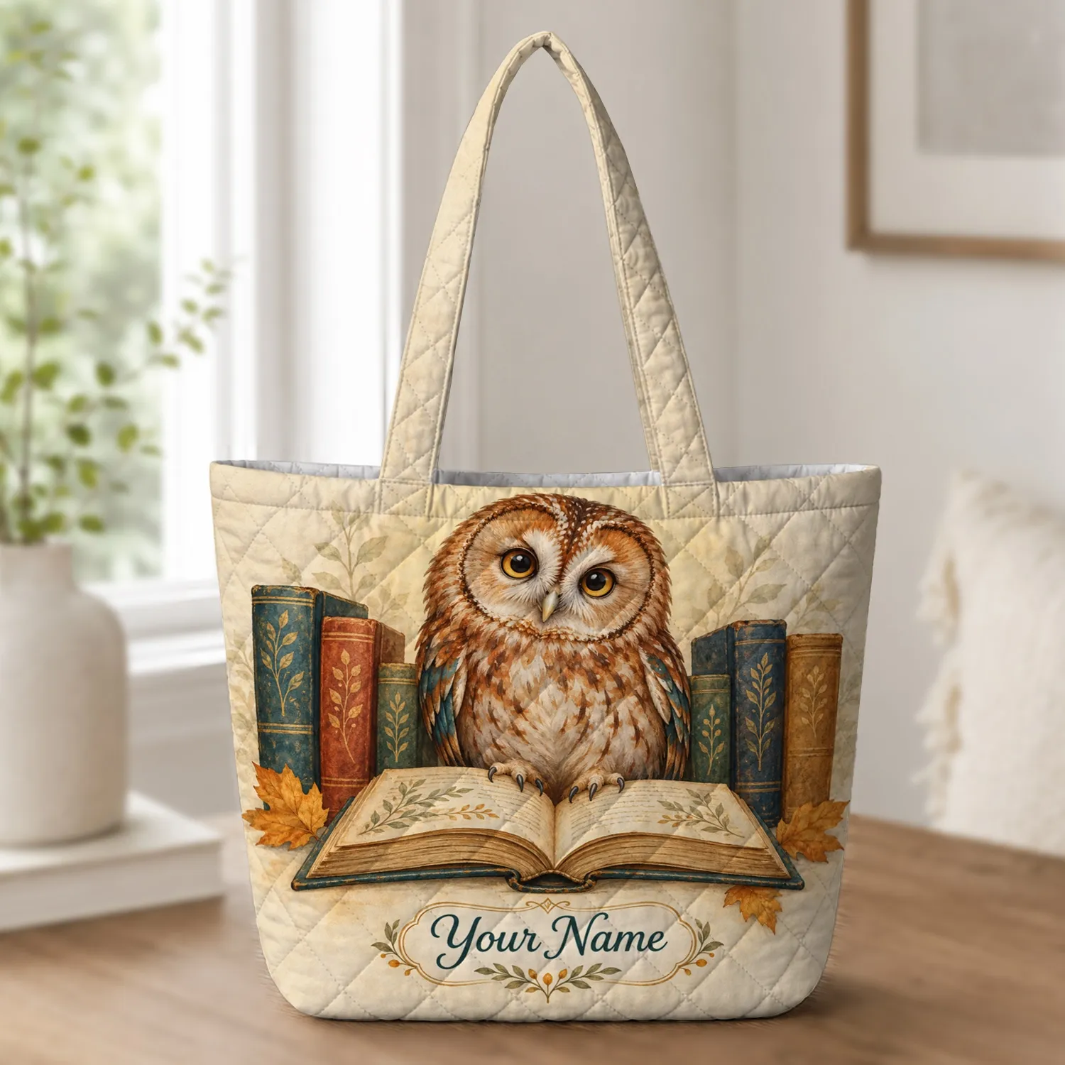 Wise Owl Reading Among Antique Books for Cozy Library Days and Thoughtful Reader Gifts Quilted Tote Bag - 1