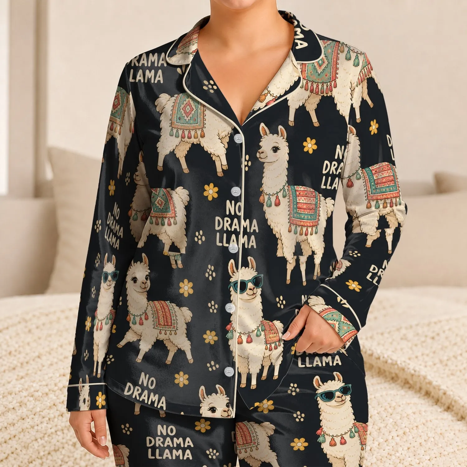 No Drama Llama Alpaca Sunglasses Cozy Nighttime Lounge Gift Idea For Women And Teens Satin Pajamas Set - 1