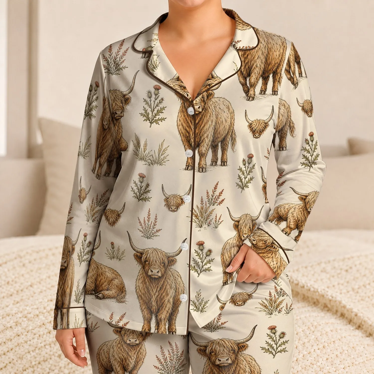 Vintage Highland Cow Farmhouse Rustic Western Holiday Gift for Scottish Cow Lovers Women Satin Pajamas Set - 1