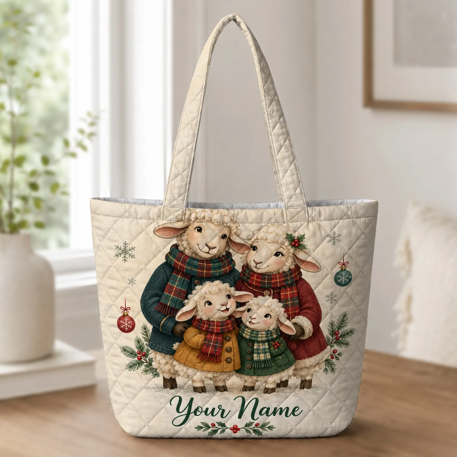 Christmas Sheep Family and Winter Lambs for Cozy Holiday Farmhouse Style Quilted Tote Bag - 1