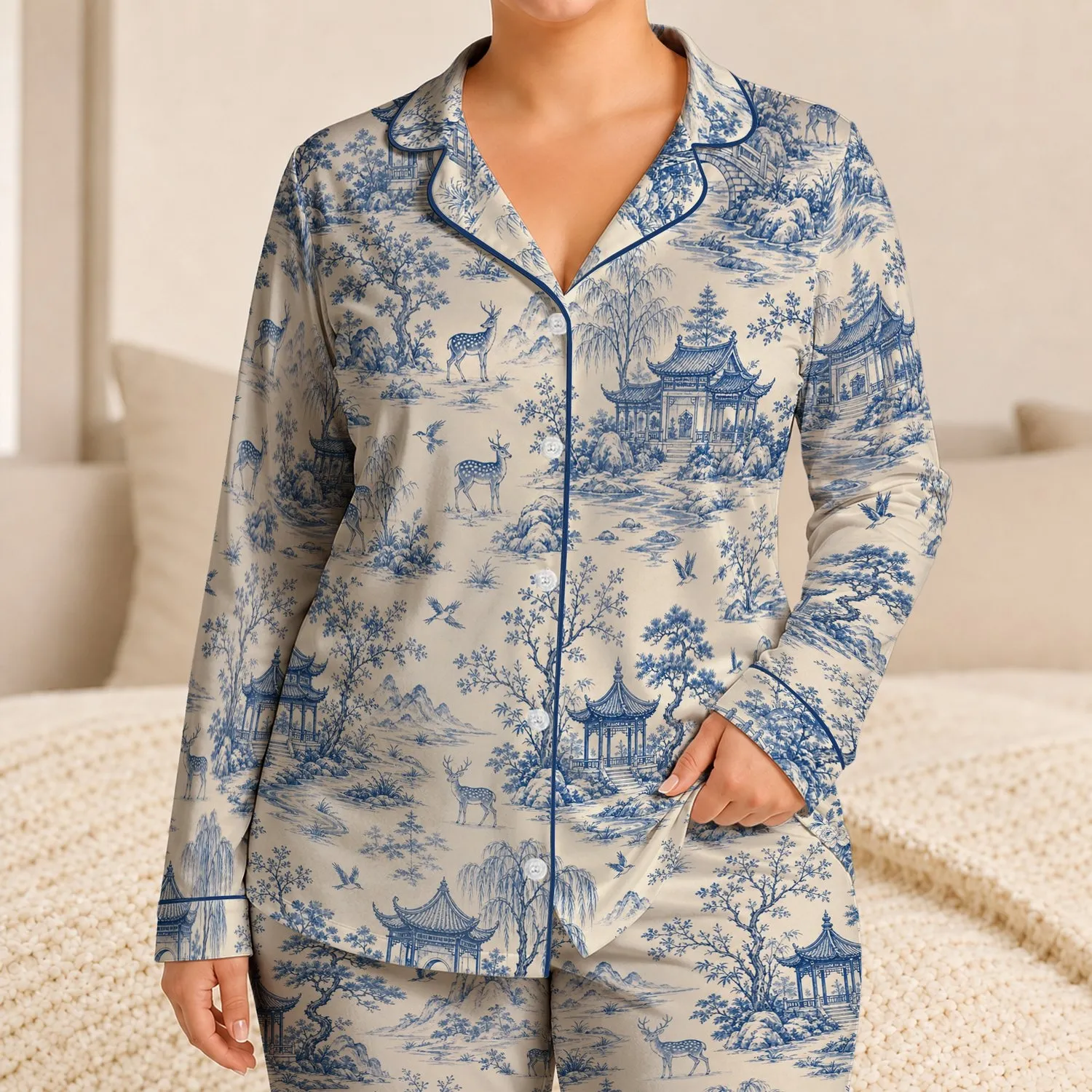 Blue Ivory Chinoiserie Deer Garden Toile Scene for Elegant Sleepwear Lounging Women Satin Pajamas Set - 1