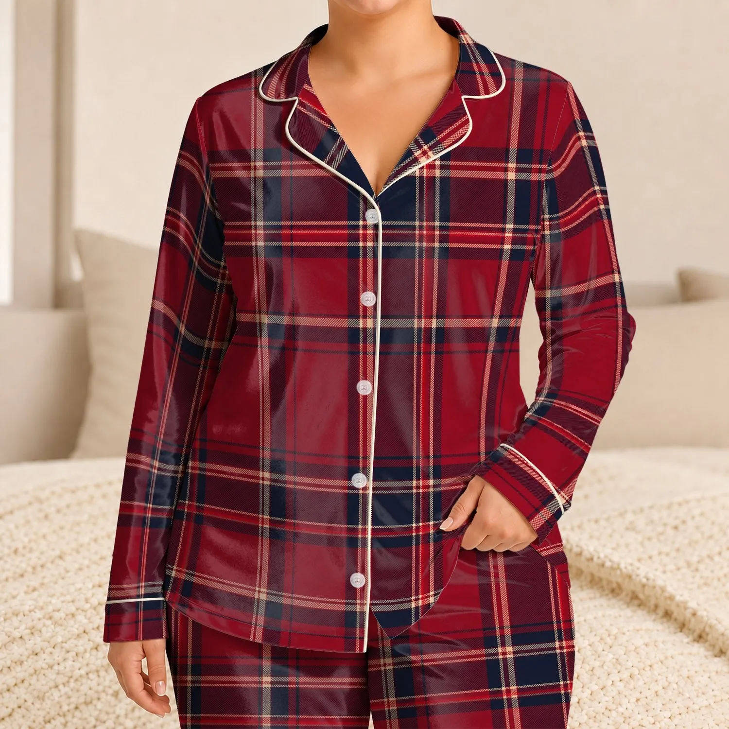 Cranberry Navy Tartan Plaid Loungewear For Cozy Autumn Evenings And Holiday Gifting Satin Pajamas Set - 1
