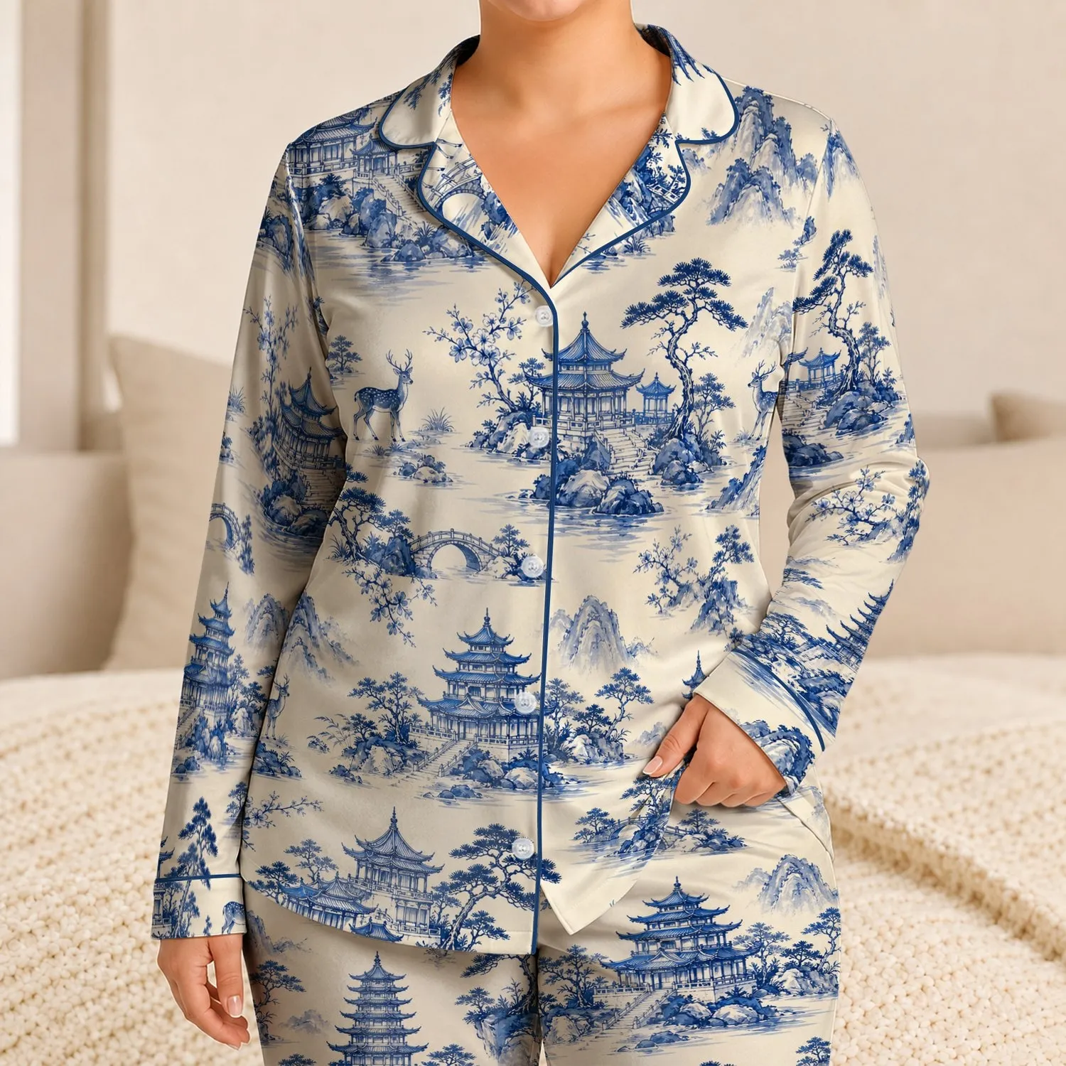 Blue Ivory Chinese Pagoda Landscape Scene for Elegant Lounging and Women's Gifts Satin Pajamas Set - 1