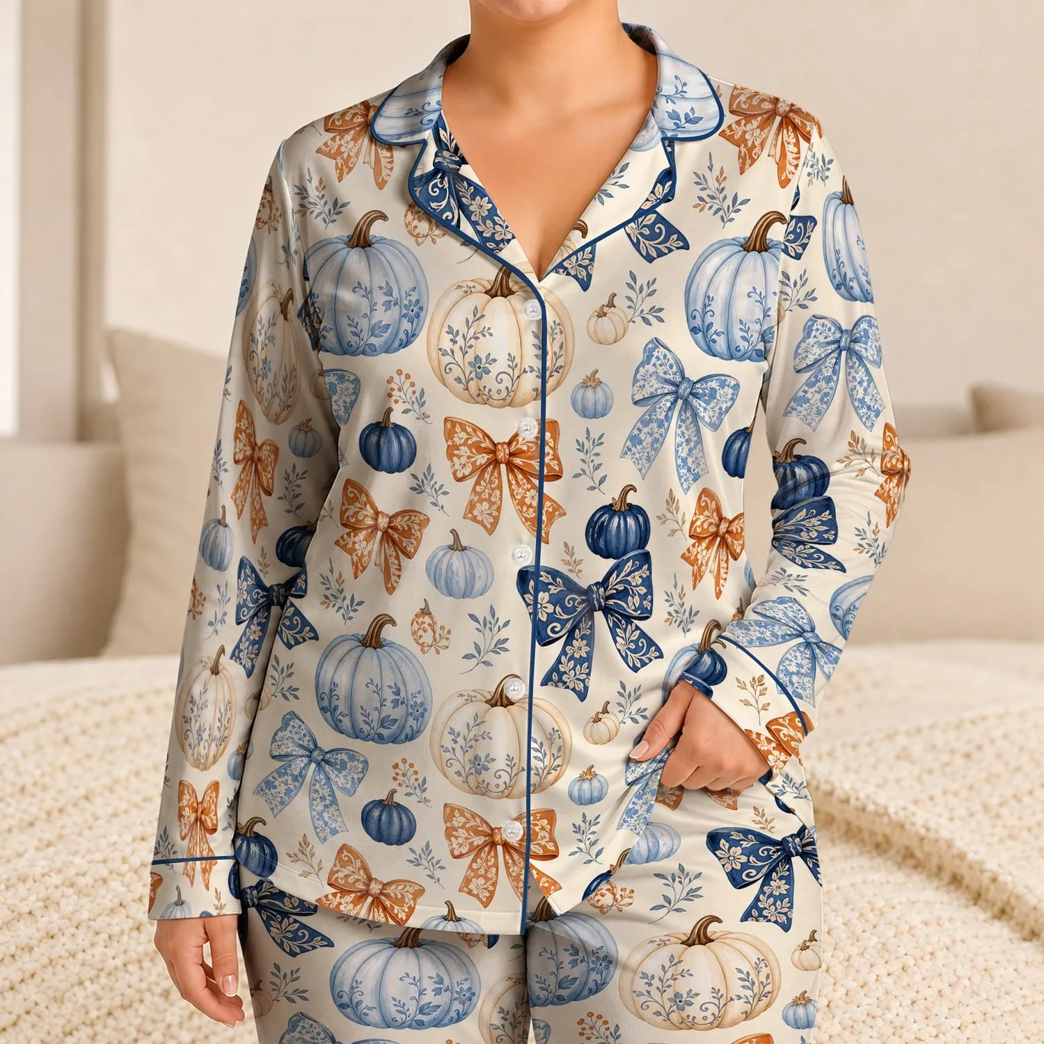 Bow Pumpkin Autumn Motif For Cozy Fall Lounging And Seasonal Gifting For Women At Home Satin Pajamas Set - 1