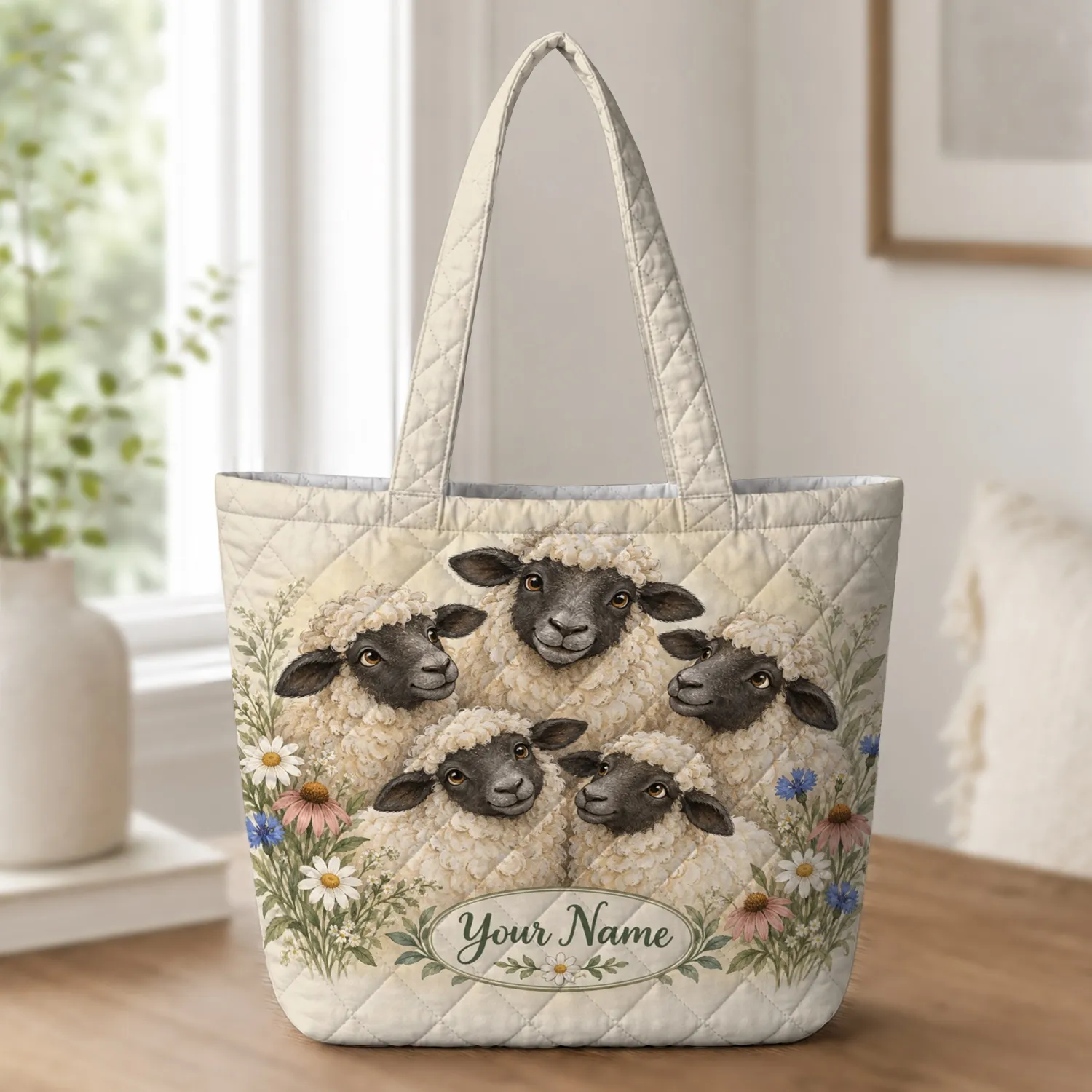 Five Cream Sheep and Meadow Wildflowers for Cottagecore Farm Days and Her Quilted Tote Bag - 1