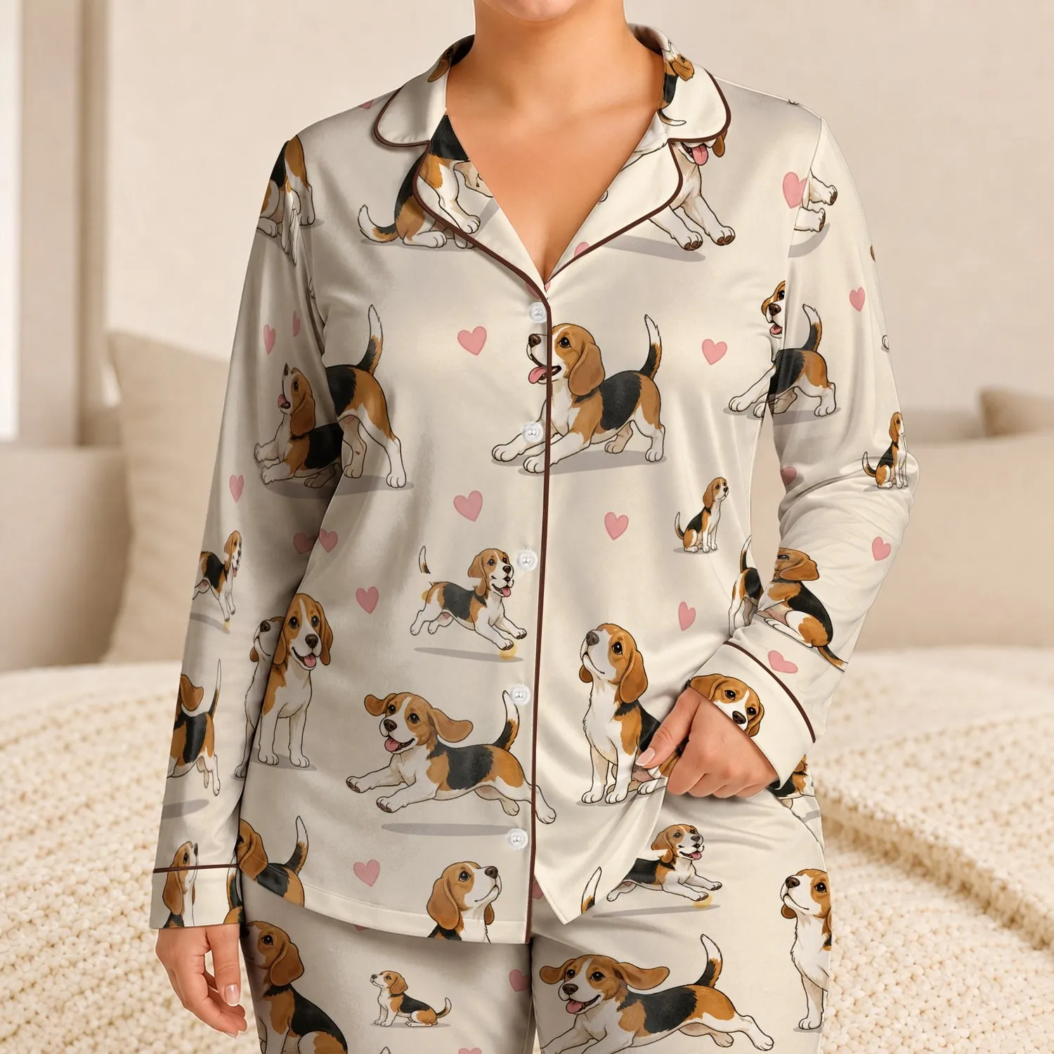 Tri Color Beagle Hearts For Cozy At Home Lounging And Bedtime Dog Lover Gifts For Women Satin Pajamas Set - 1