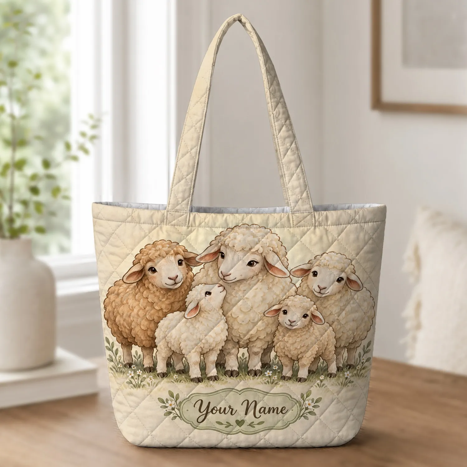 Whimsical Sheep and Lambs for Farmhouse Countryside Living Gift for Sheep Lovers Quilted Tote Bag - 1