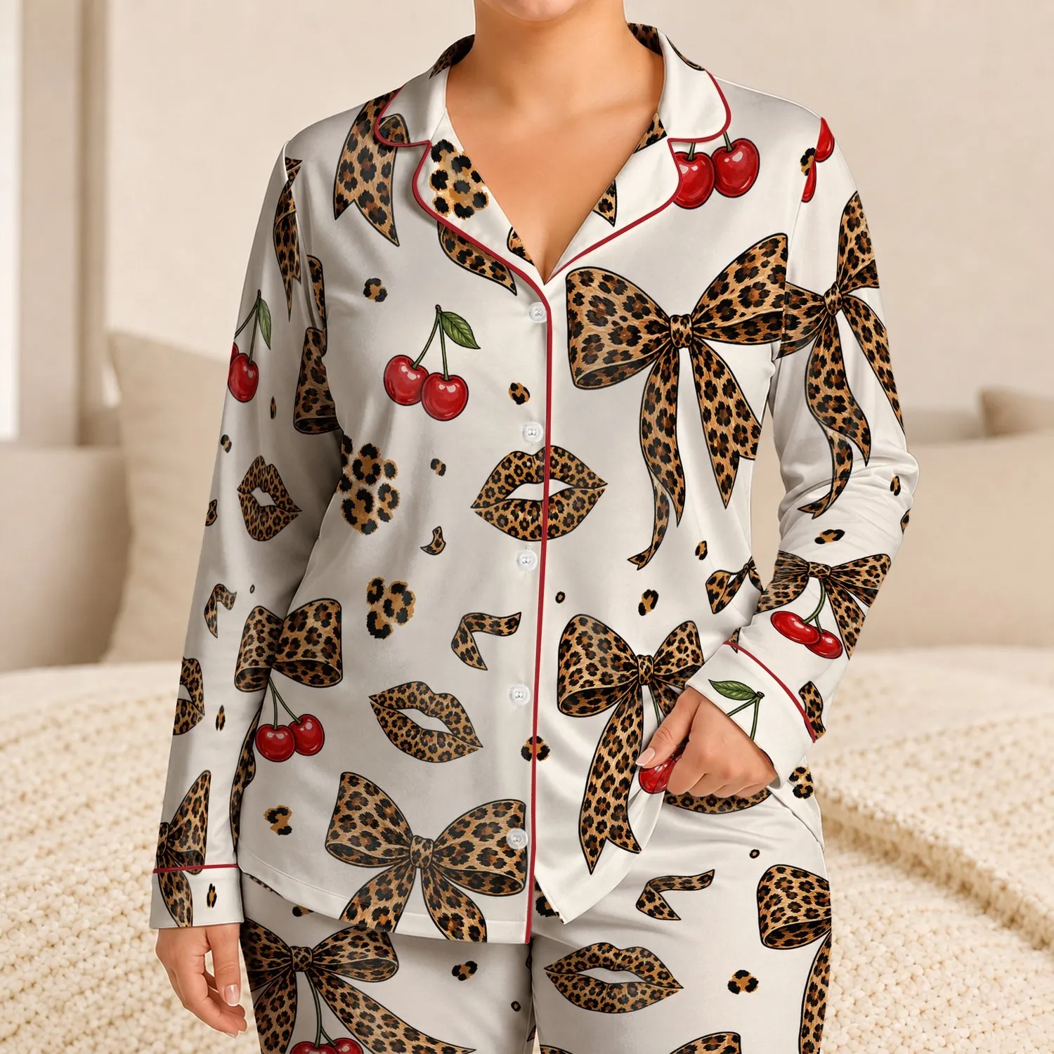 Leopard Bow And Cherry Motif Loungewear For Chic Sleepwear And Relaxed Evenings For Women Satin Pajamas Set - 1