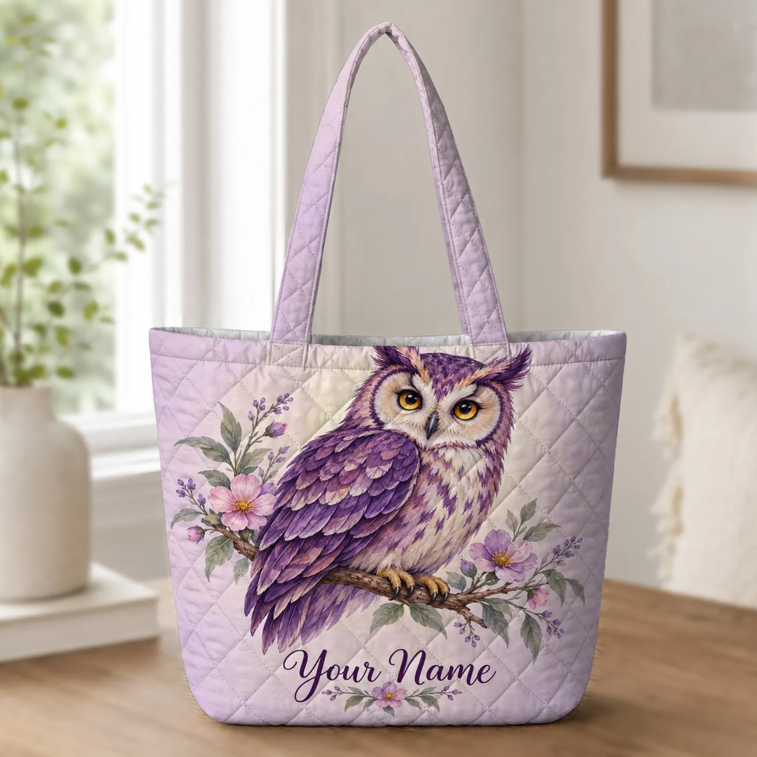 Purple Owl and Wildflowers for Cottagecore Style, Nature Lovers, and Gifts for Her Quilted Tote Bag - 1