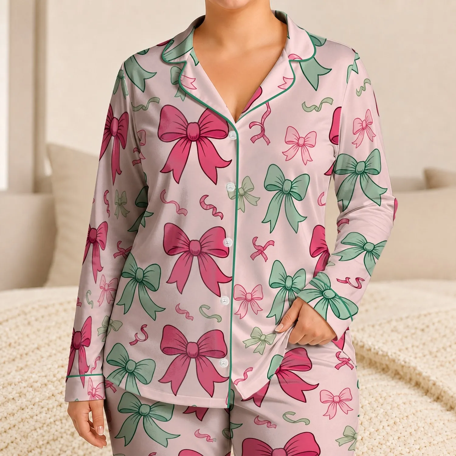 Pink And Green Ribbon Bows For Sweet Lounge Style, Gift Giving, And Cozy Weekends Satin Pajamas Set - 1