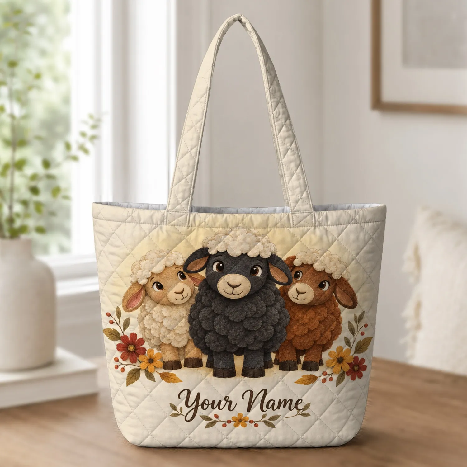 Rustic Sheep and Autumn Blooms for Cozy Country Style and Thoughtful Gift Giving Quilted Tote Bag - 1