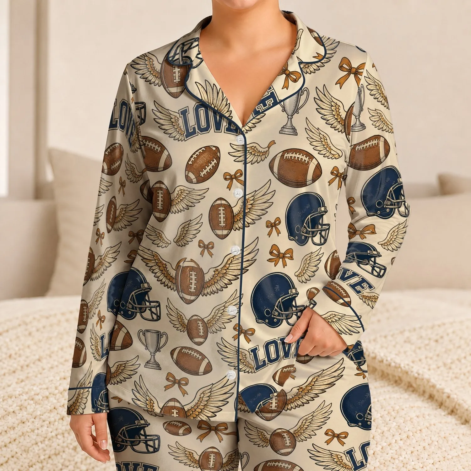 American Football Love Helmets and Winged Ball Motifs for Game Day Lounging Women Satin Pajamas Set - 1