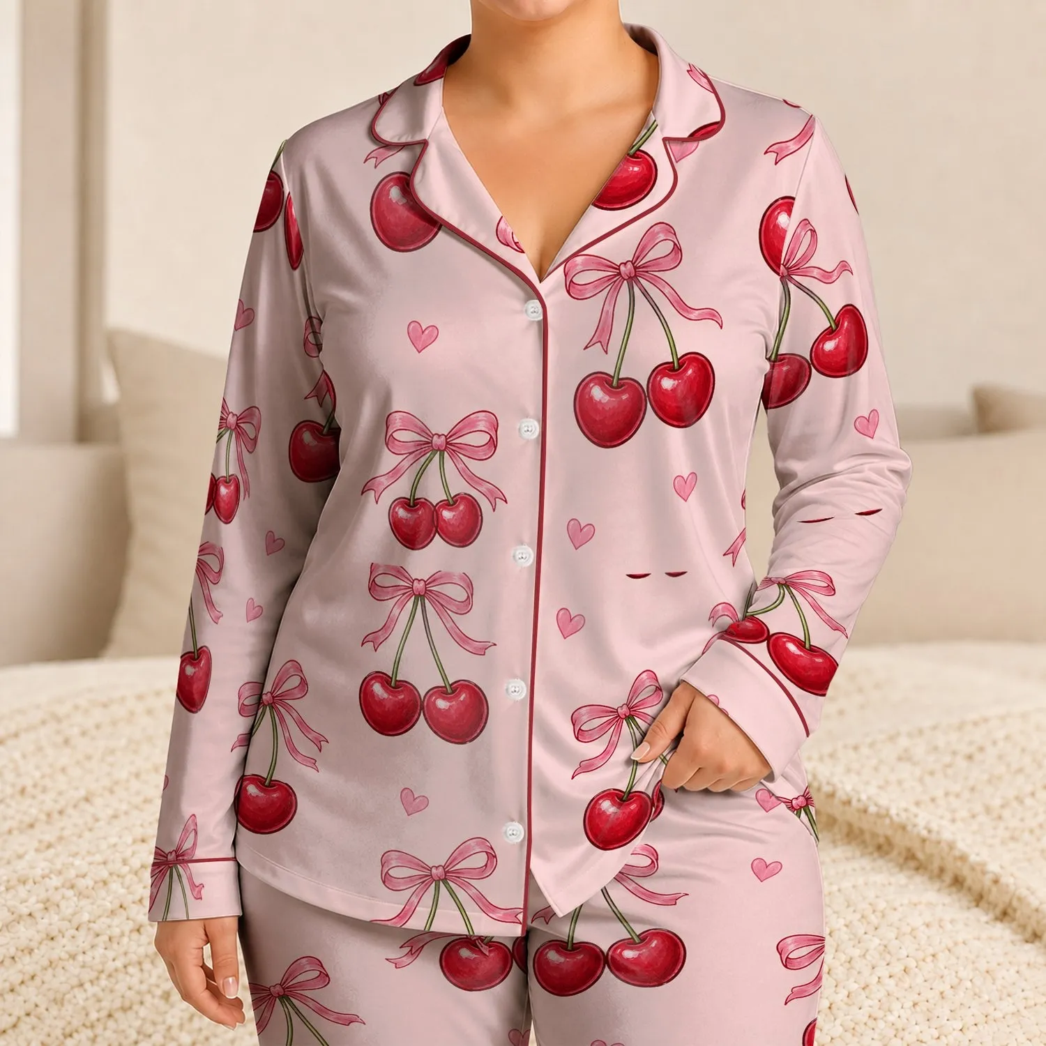 Cherry Bow Fruit Motif for Romantic Lounging and Cozy Bedtime Style for Women, Girls Satin Pajamas Set - 1