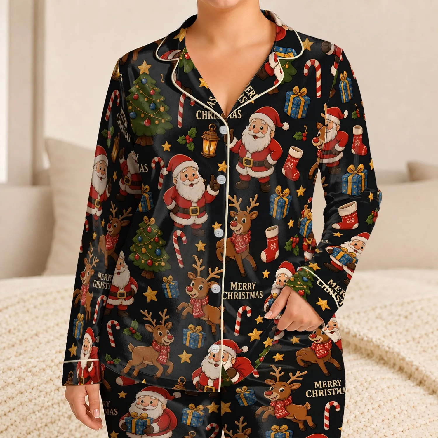 Santa Christmas Trees Gifts and Reindeer for Cozy Festive Holiday Lounging Women at Home Satin Pajamas Set - 1