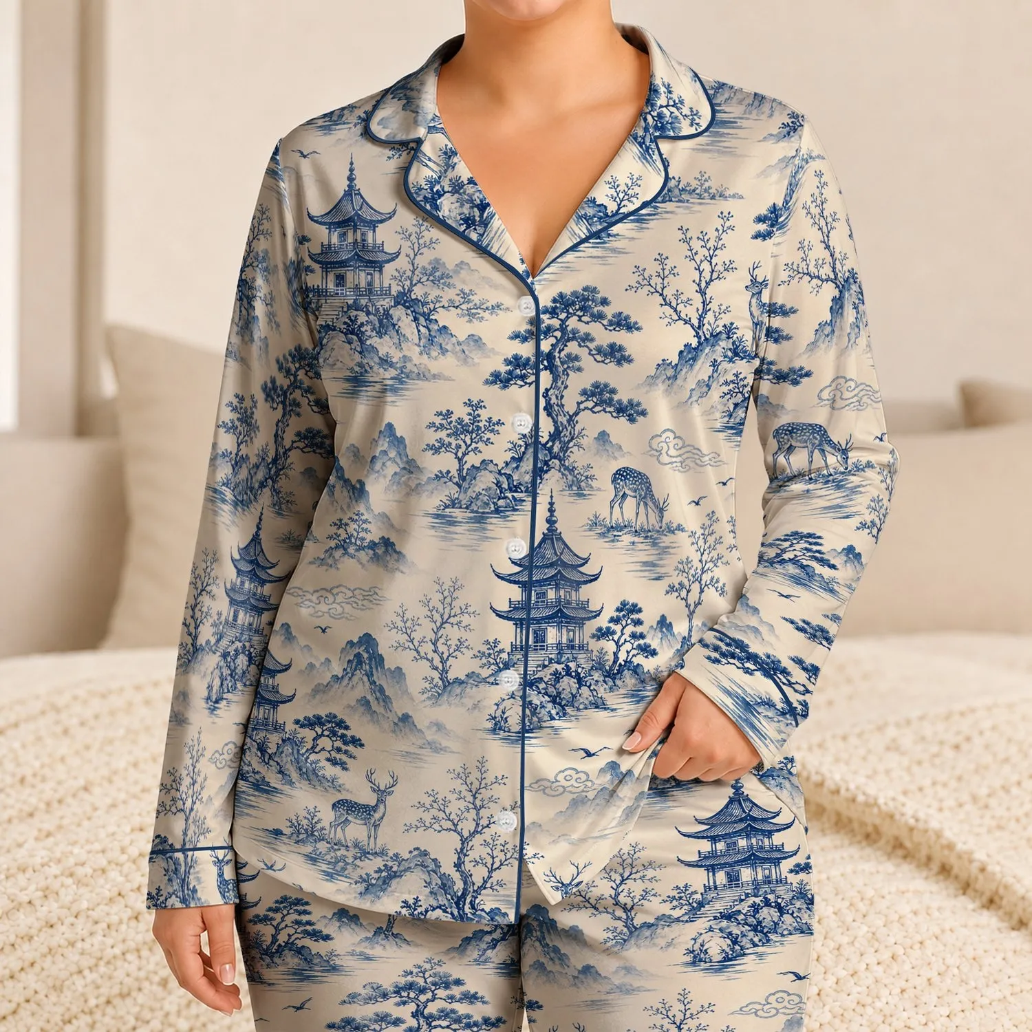 Blue Cream Chinoiserie Pagodas And Deer For Serene Bedtime Lounging At Home Year Round Satin Pajamas Set - 1