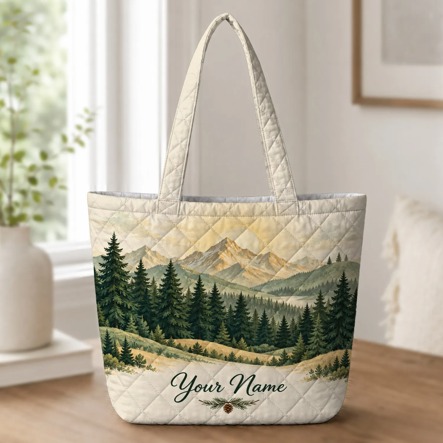 Layered Evergreen Forest Mountains for Nature Lovers, Woodland Walks, and Moms Gift Quilted Tote Bag - 1