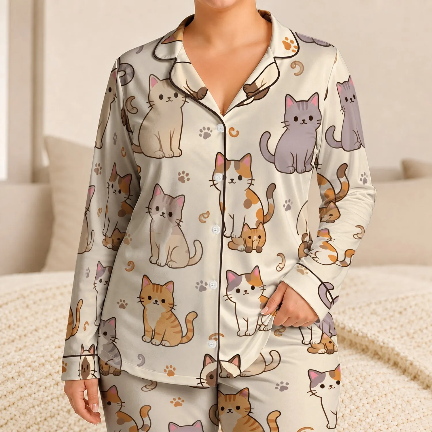 Kawaii Cat Motifs for Cozy Lounging and Sleep, Cute Children's Gift for Cat Lovers Satin Pajamas Set - 1