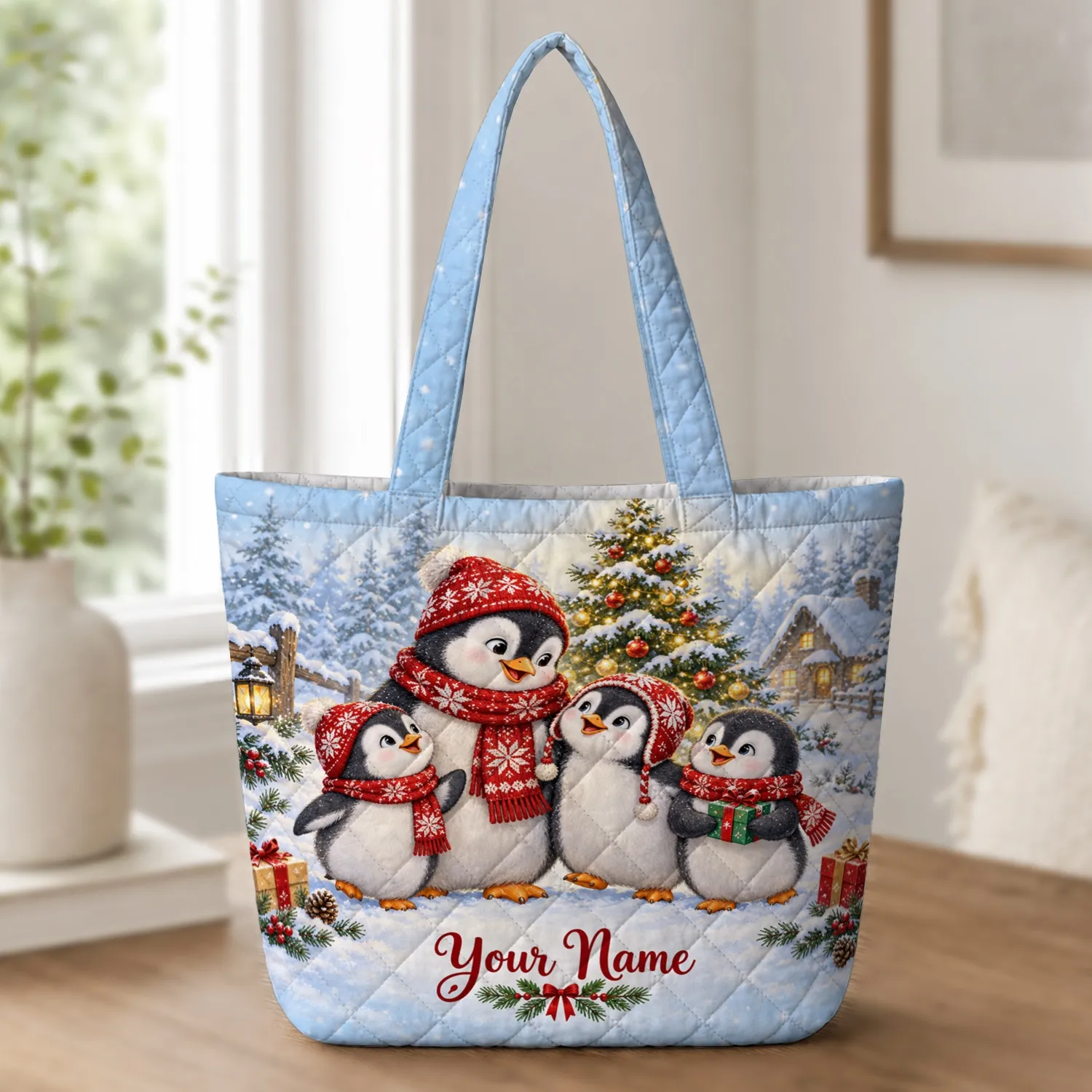 Christmas Penguin Family Celebrating Winter Holidays with Gifts for Penguin Lovers Quilted Tote Bag - 1
