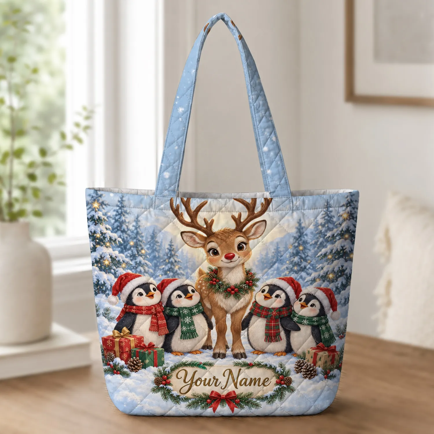 Reindeer and Penguin Christmas Cheer for Cozy Winter Holiday Gift Giving for Her Quilted Tote Bag - 1