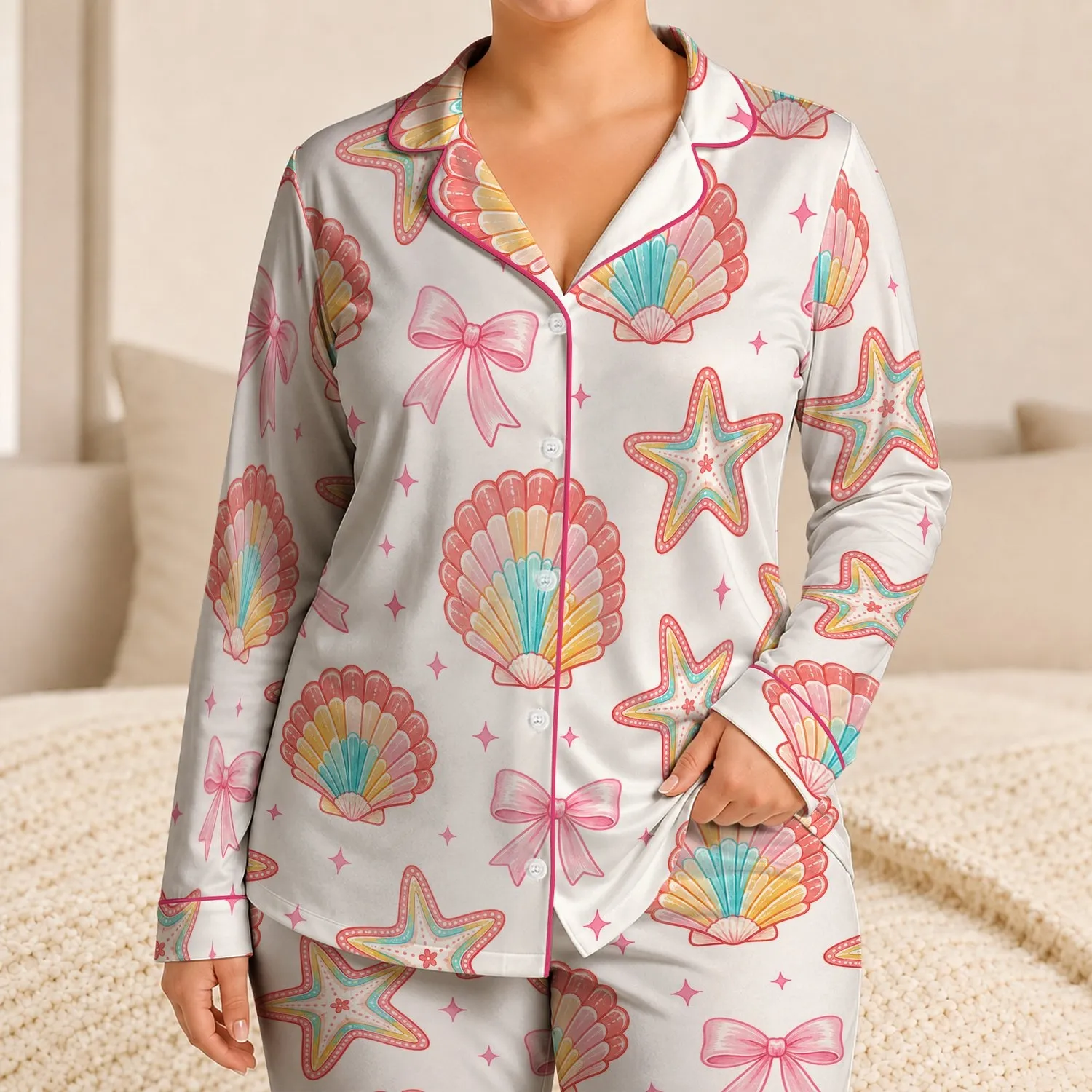 Colorful Seashells, Starfish And Bows For Coastal Summer Lounging And Playtime Girls Satin Pajamas Set - 1