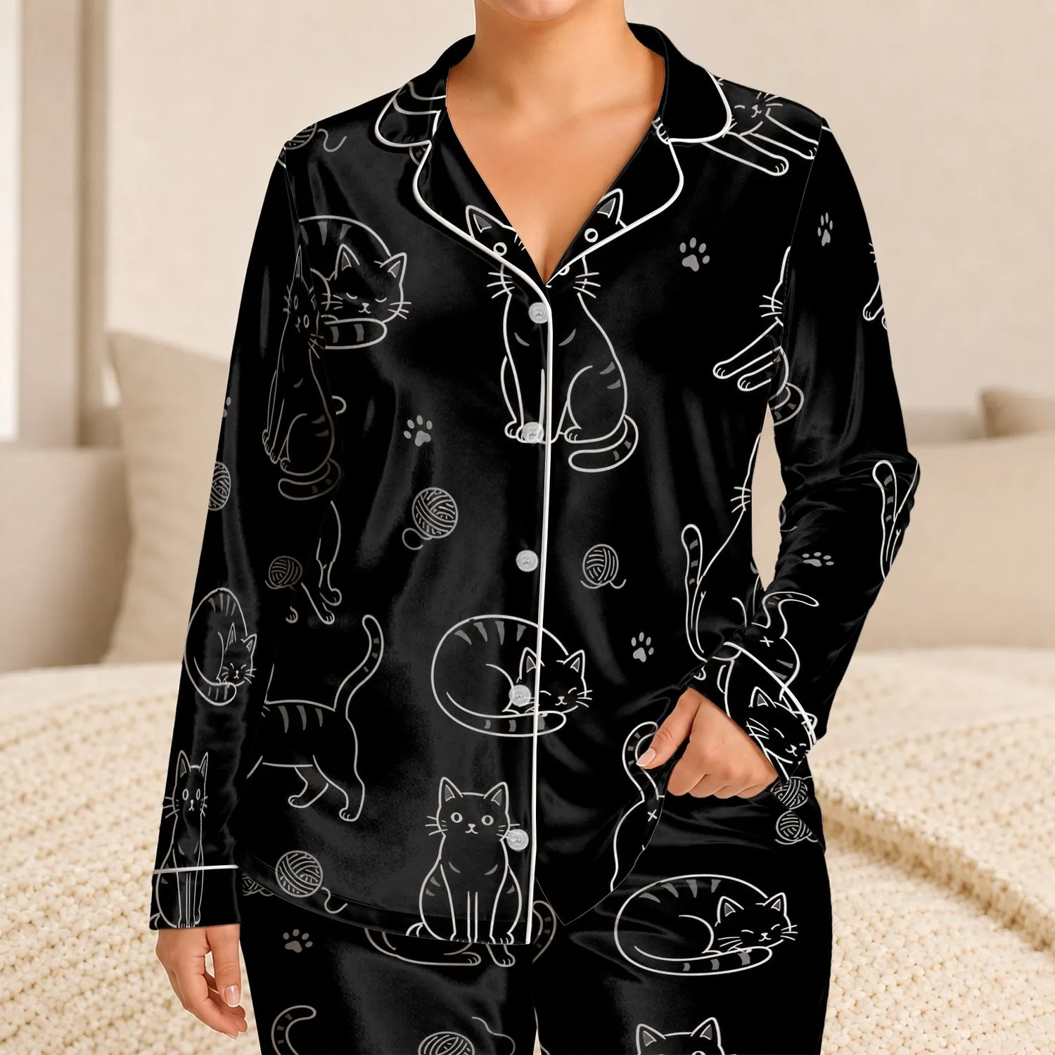Black Cat Line Art Cozy Lounge Set For Sleepovers, Holidays, And Everyday Comfort Gift Satin Pajamas Set - 1