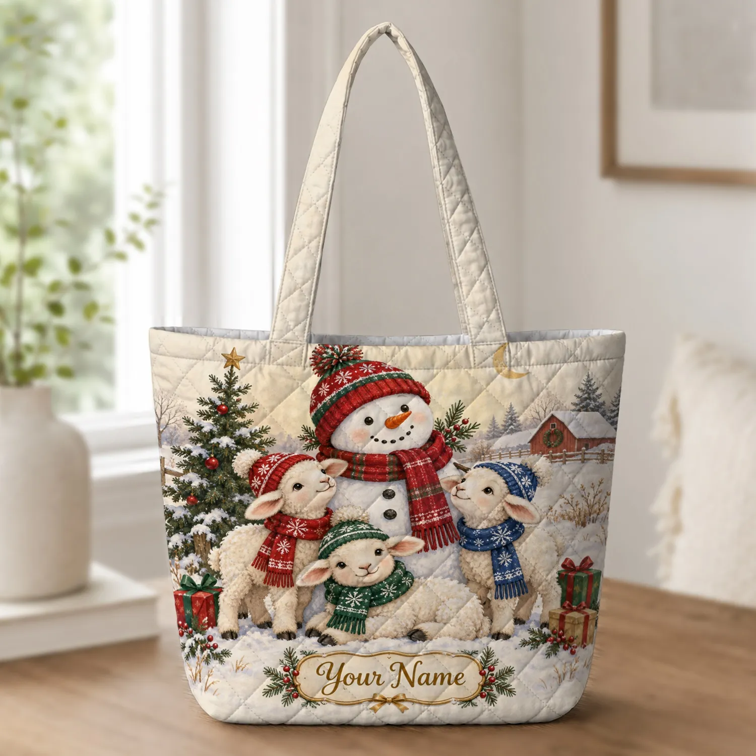 Snowman and Three Lambs in Christmas Hats for Cozy Winter Holiday Cheer Quilted Tote Bag - 1