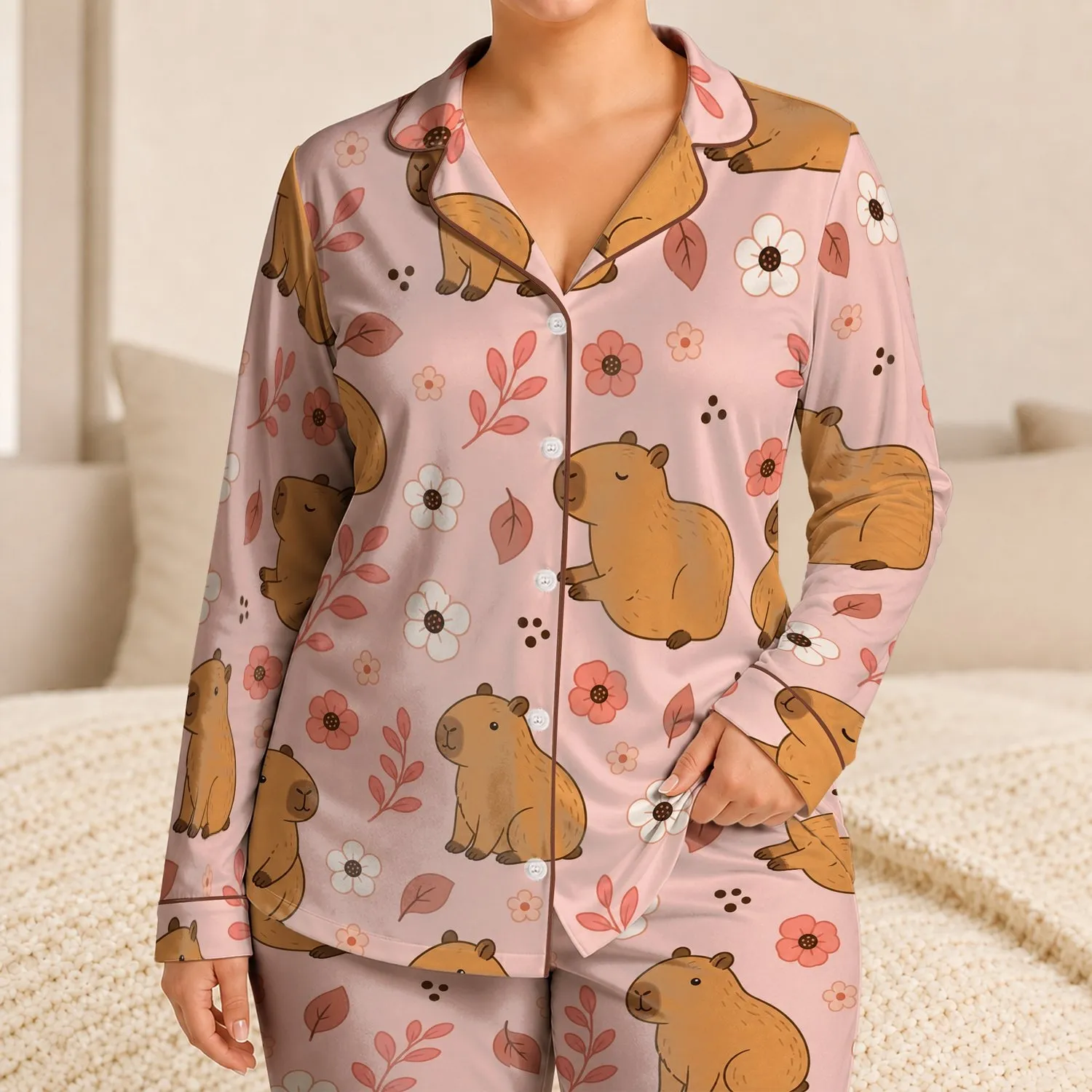 Cute Capybara Floral Sleepwear For Cozy Lounging, Summer Bedtime, And Girls At Home Satin Pajamas Set - 1