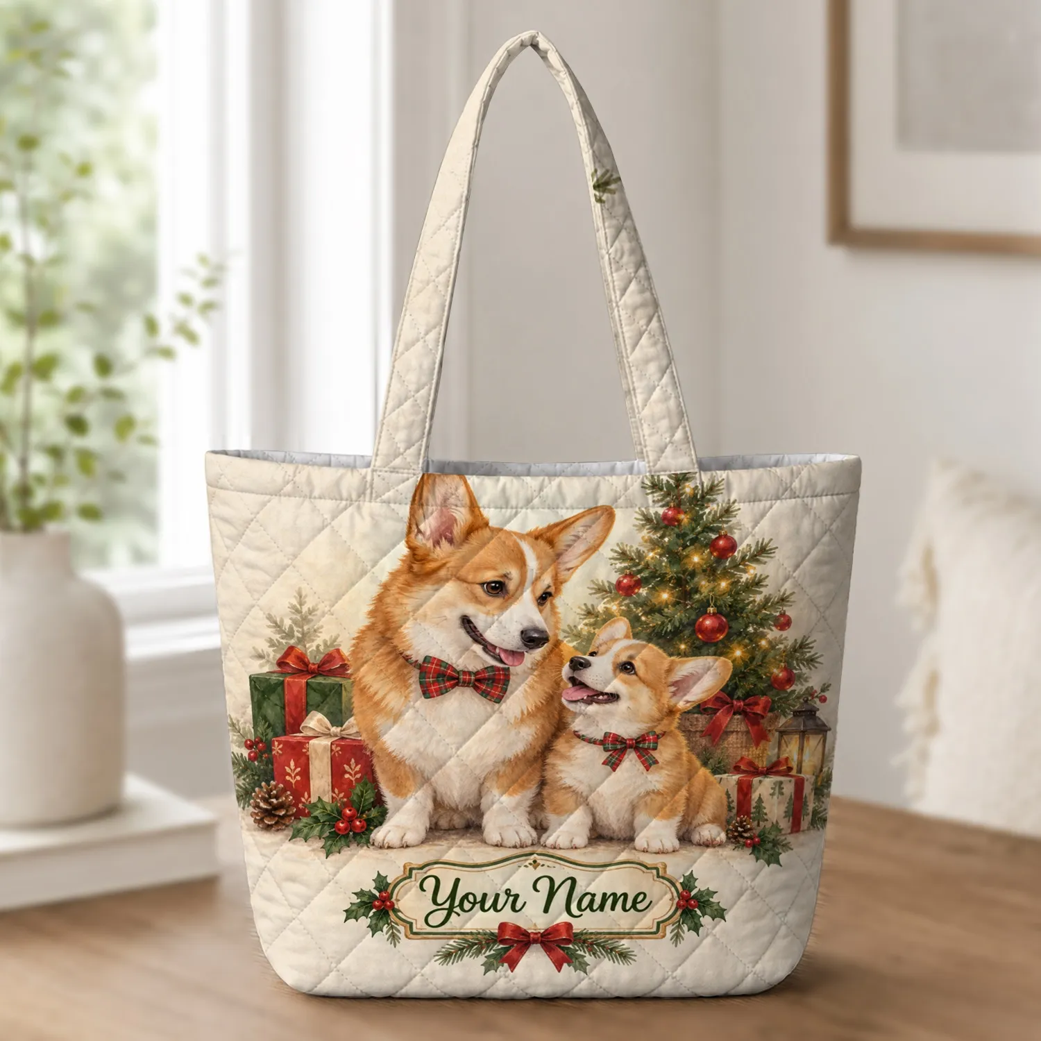 Christmas Corgi Companions for Holiday Cheer and Thoughtful Gifts for Dog Lovers Women Quilted Tote Bag - 1