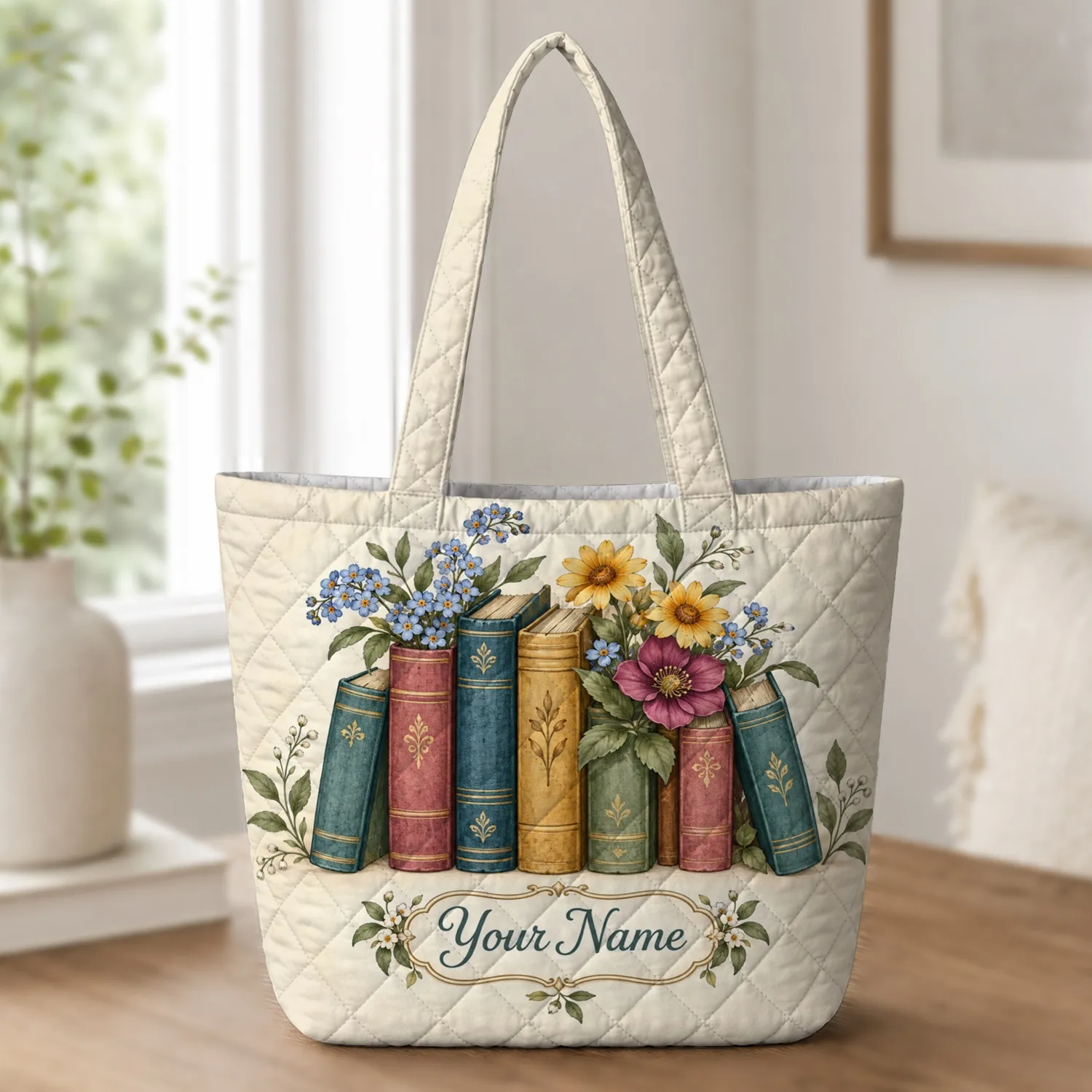 Colorful Book Stack with Garden Flowers for Cozy Reading Days, Gifts for Book Lovers Quilted Tote Bag - 1