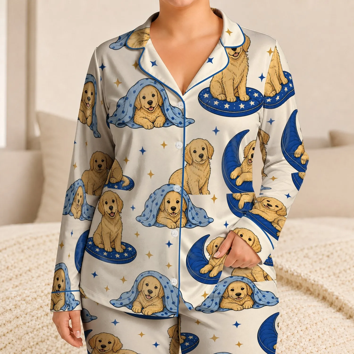 Golden Retriever Puppies With Blue Cushions For Cozy Summer Bedtime And Playtime Satin Pajamas Set - 1