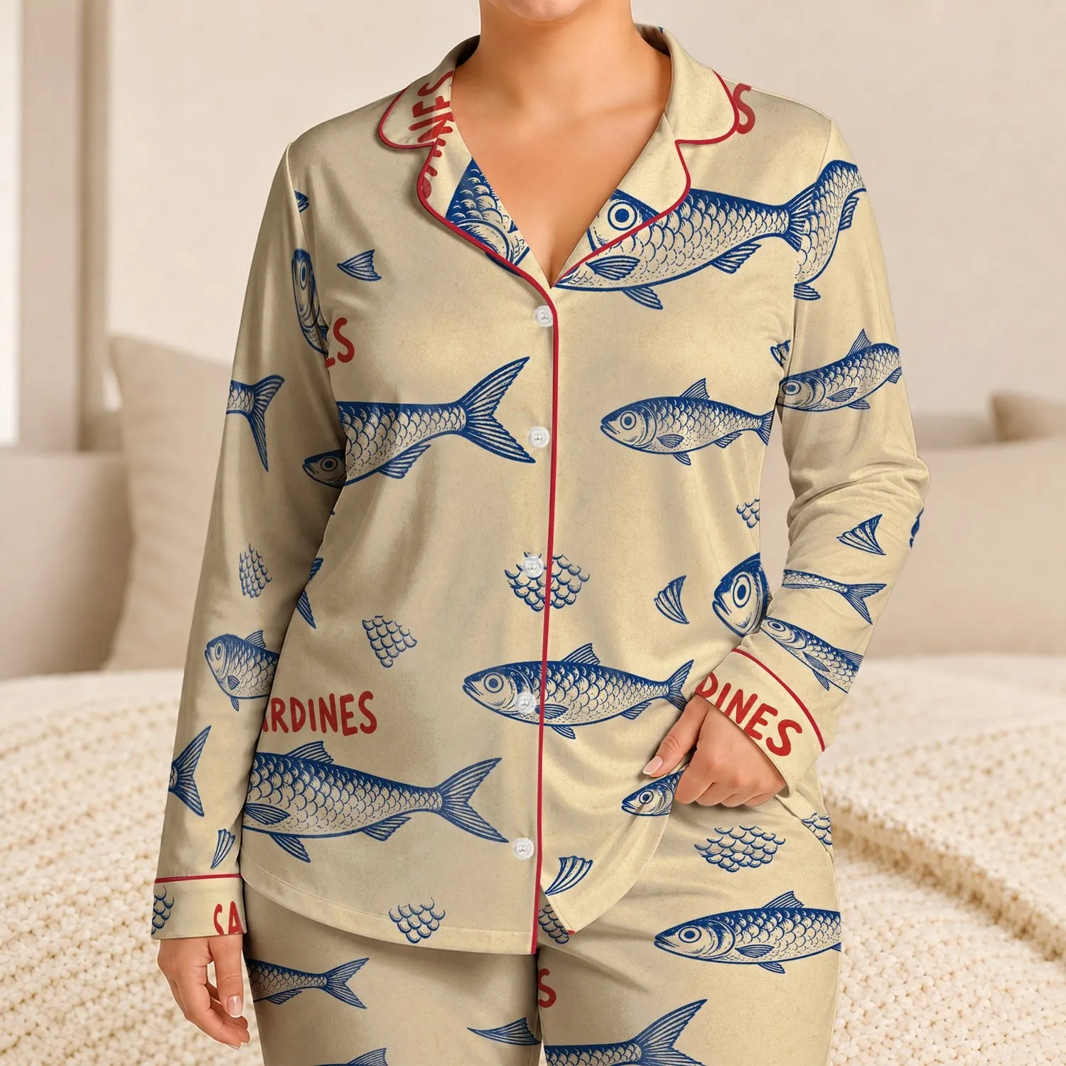 Vintage Sardines Red Lettering Coastal Fish Motif For Relaxed Lounging And Parties Satin Pajamas Set - 1
