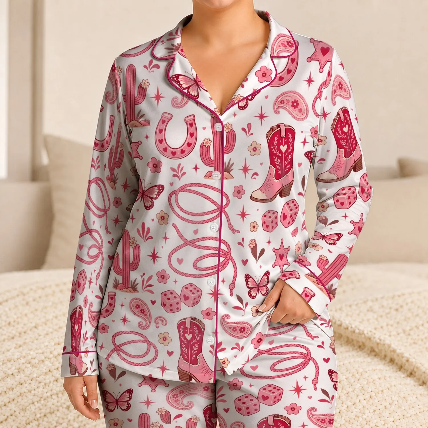 Pink Rodeo Boots Horseshoes And Cacti For Cozy Western Nights Girls Birthday Gift Satin Pajamas Set - 1