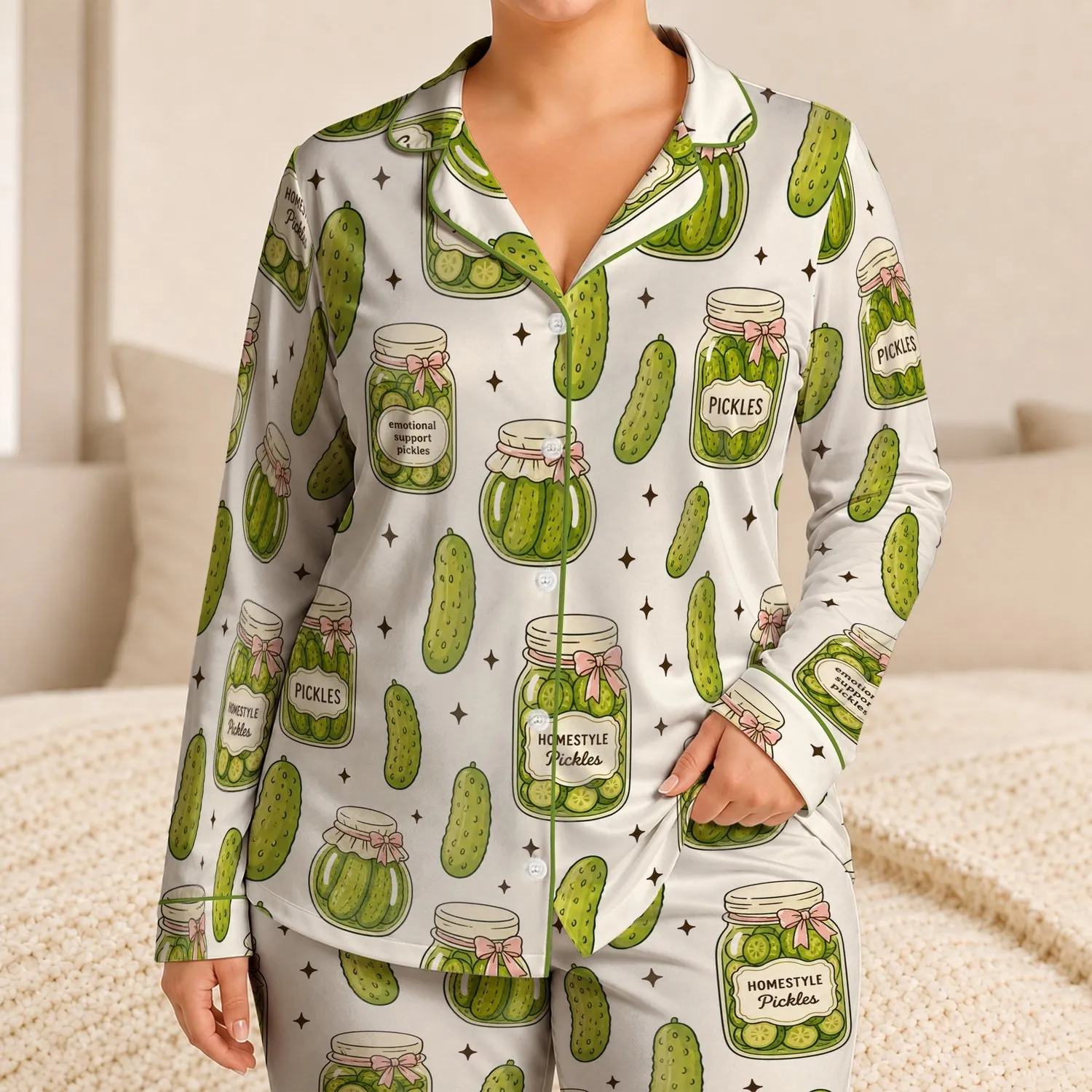 Pickle Jar And Cucumber Sleep Set For Cozy Family Lounging And Vacation Getaways Satin Pajamas Set - 1