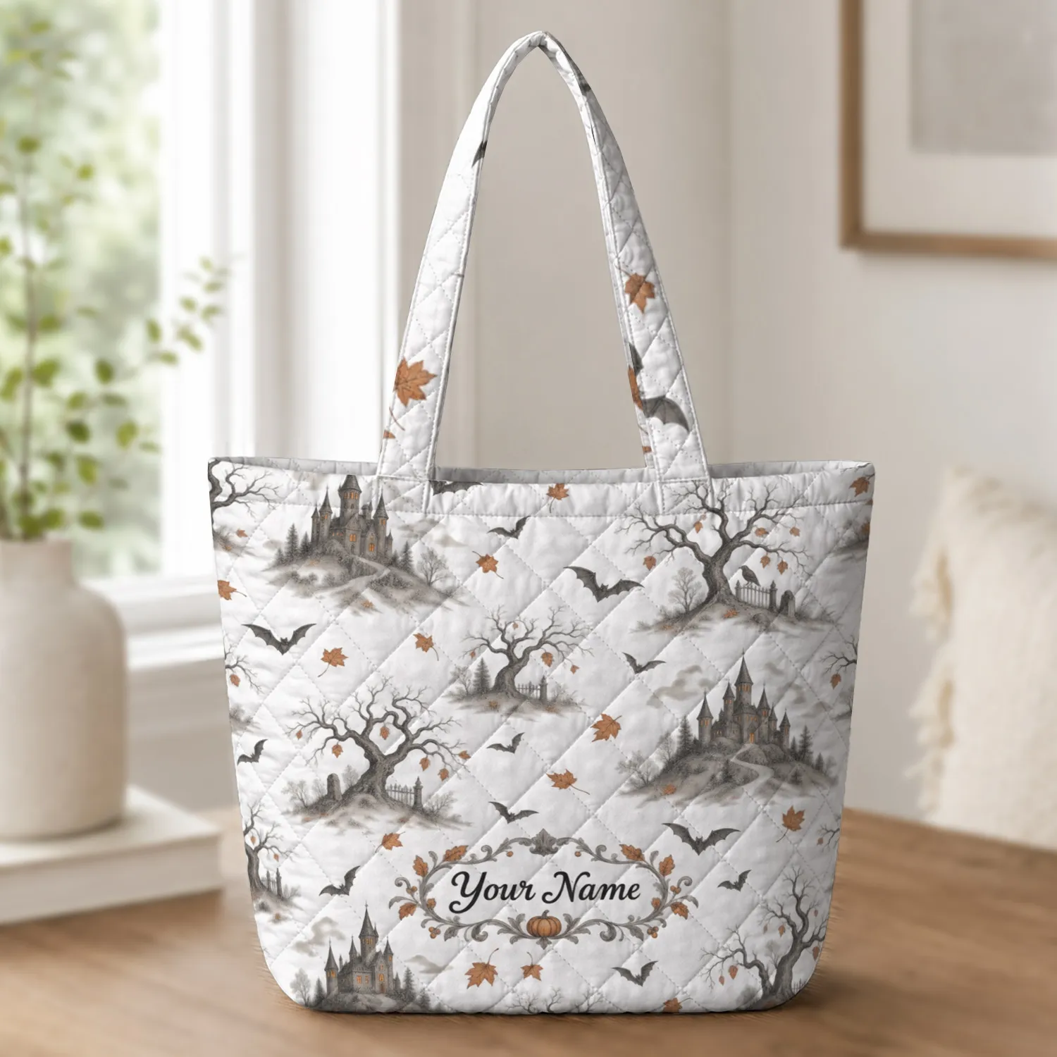 Halloween Bats, Haunted Castle and Autumn Trees for Spooky Season Gifts and Fall Gatherings Quilted Tote Bag - 1