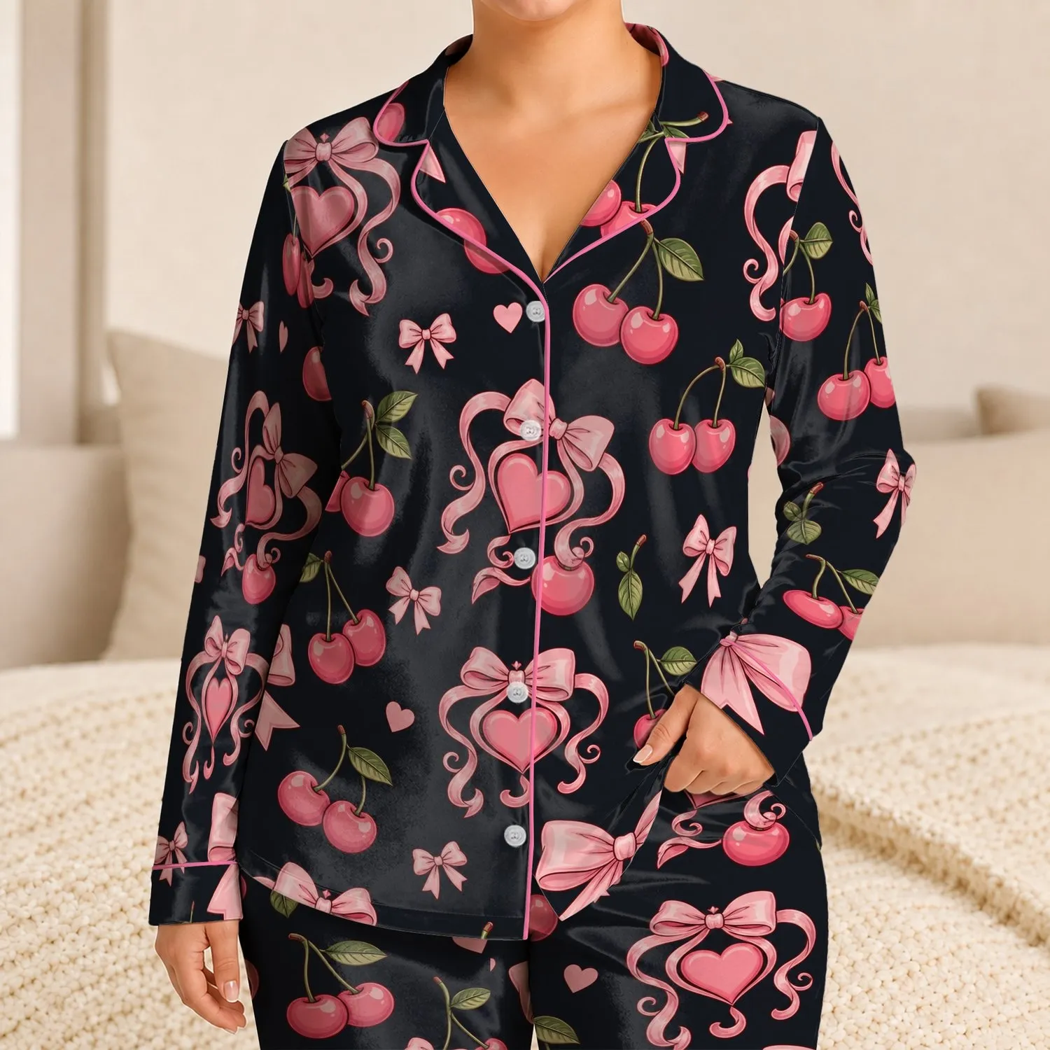 Cherry Bow Heart Motifs for Romantic Lounge Days and Sweet Gift Giving for Children Satin Pajamas Set - 1