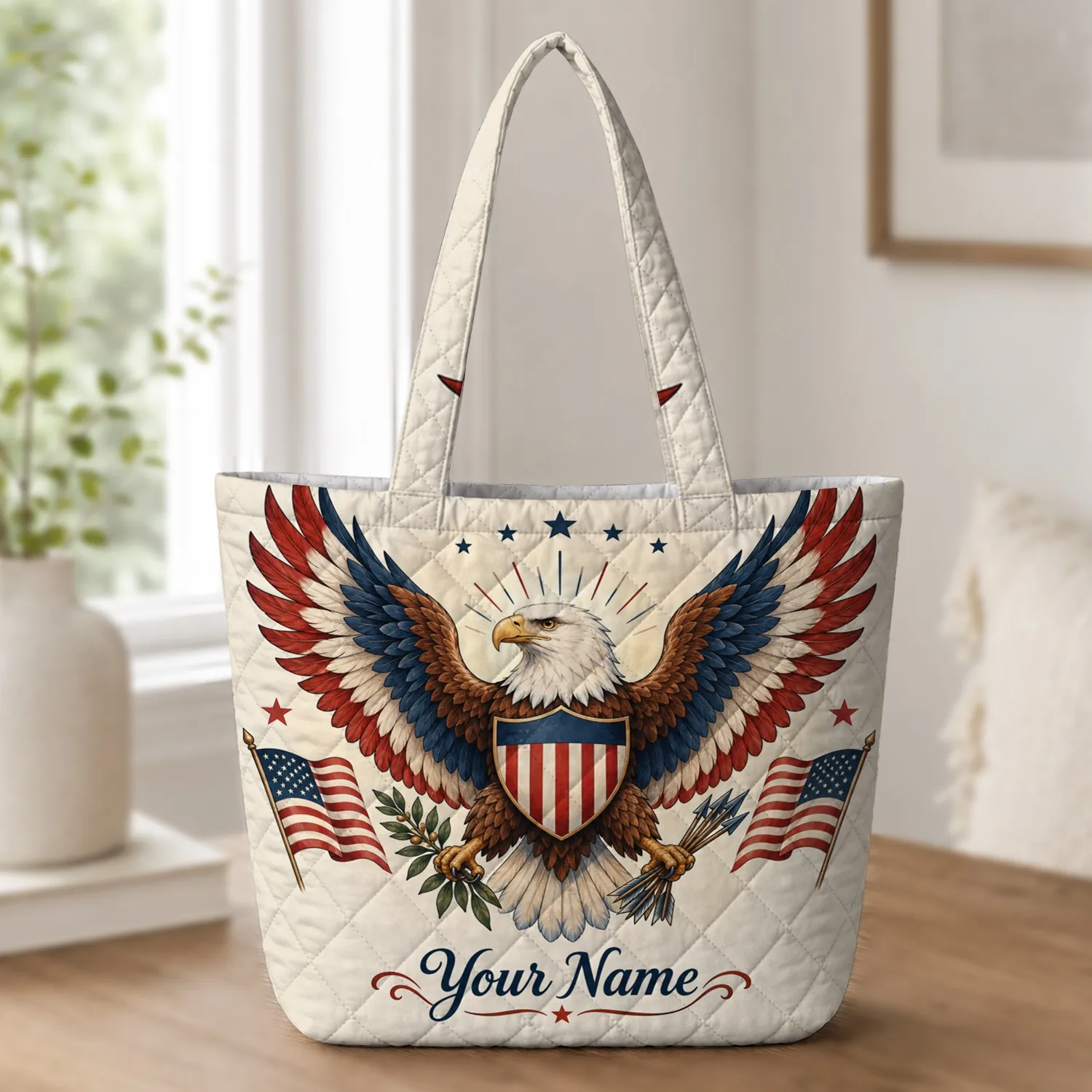 Patriotic Eagle And American Flags For Independence Day Summer Celebrations Quilted Tote Bag - 1